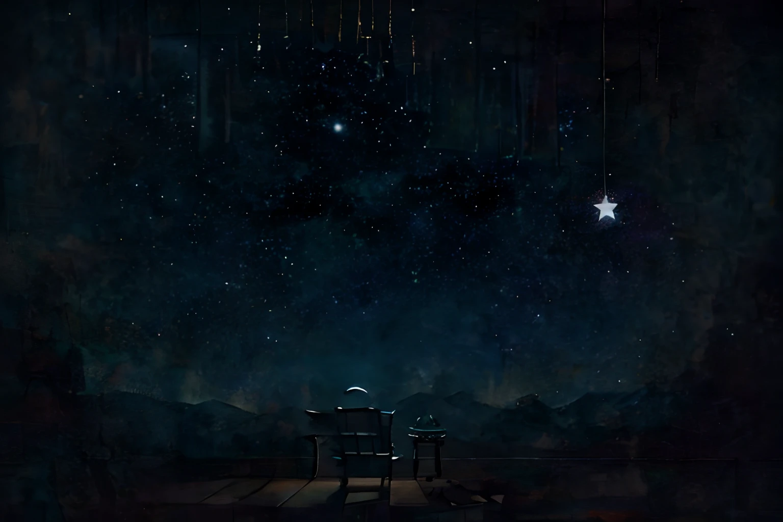 On a dark stage, Fallen lighting, hanging screen,topview,modern sofas,stars