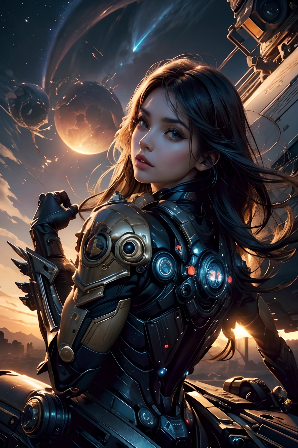 realistic visual effects,attractive beautiful,dramatic contrast,Gentle lighting,Delicate warmth,the soft light,hyper HD, Extremely colorful,best qualityer,perfect female shape,HighDynamicRange,long eyelasher,Unbeatable masterpiece,putting makeup on, Sexy goddess,Large metal mechanical gears,Strange sky,8K high quality,A pair of big eyes are beautiful and moving,White skin,Makeup,Sexy outfit,Gold medal in this round,Gold Warframe,Spaceship,Mechanical pets, 【Background with】Large gold gear,Doomsday ruins,Giant tornado,The setting sun burns the clouds,Multiple planets,The end of the world,Multiple planets,Space-time tunnel,Space battleships,Mards,,Jupiter,Lightning Thunder, Mercury,Strange sky,Giant tornado,Blue light,salama,Large flying machines,Cool car,Time Tunnel,nuclear power plant,Futuristic car,Tornado。