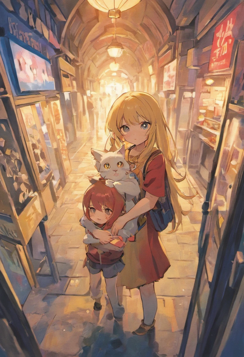 Uma gata e um passarinho sendo amigos, imagens de um amizade fofa, childrens illustration