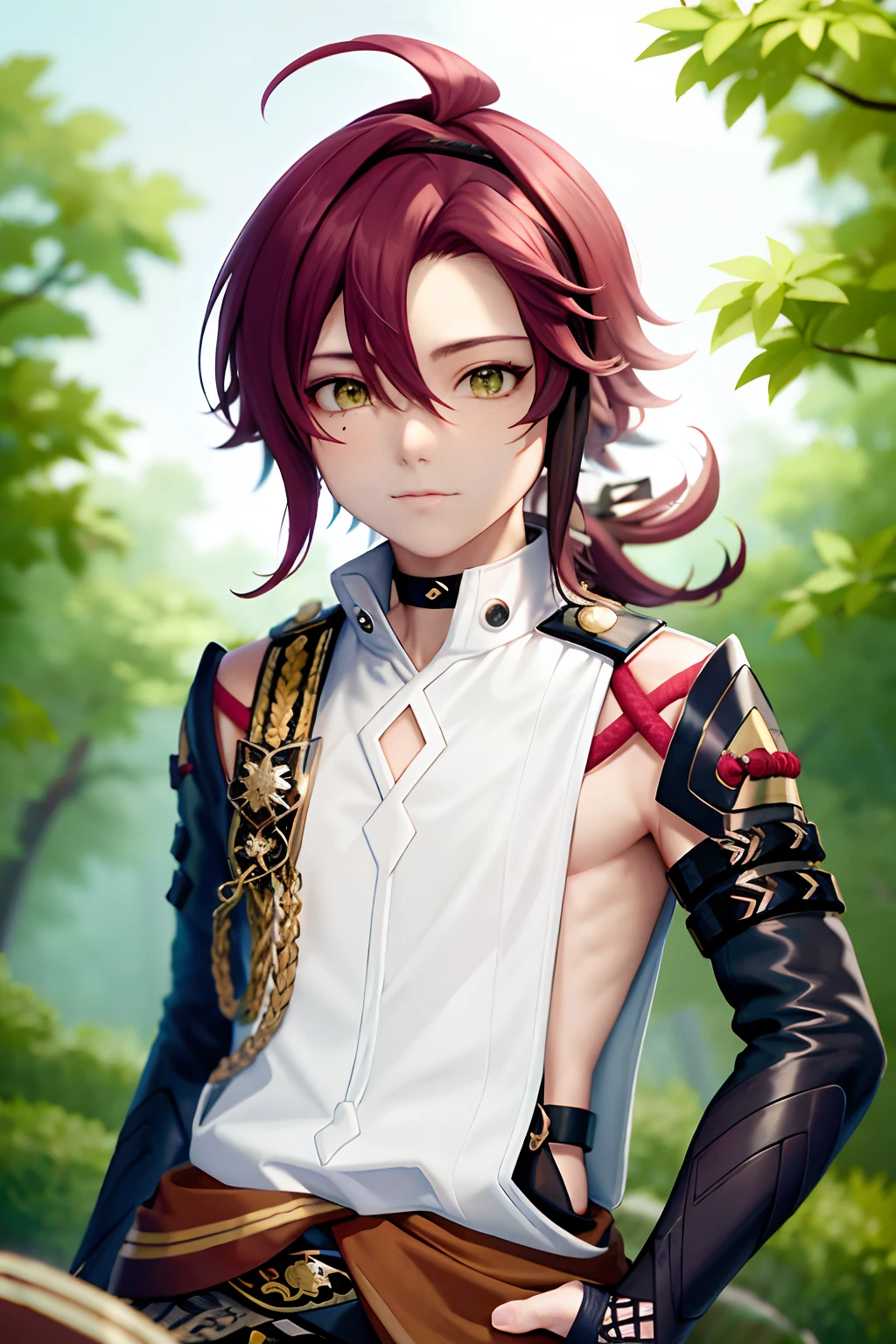 masterpiece, best quality,Shikanoin Heizou (genshin impact), 1boy, male focus, kurokote, green eyes, kote, multicolored hair, mole under eye, red hair, solo, mole, black choker, japanese armor, looking at viewer, choker, armor, streaked hair, aiguillette, sleeveless, ahoge, long hair, low ponytail,(kbxll:0.6)