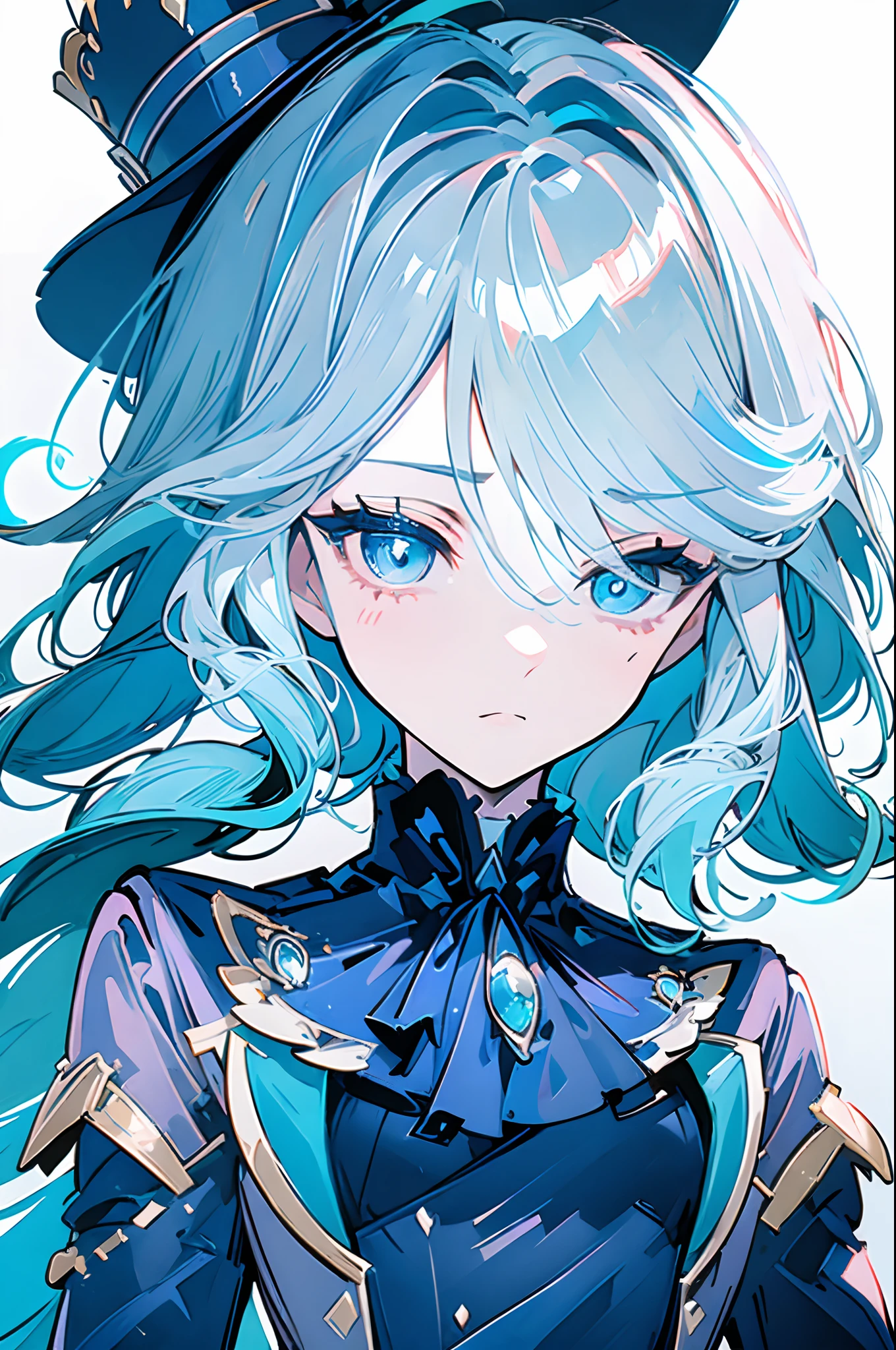 Focalors,Top image quality,A high resolution,tmasterpiece,A masterpiece,Beautiful CG illustration,Exquisite depiction of facial features,Stunning facial depiction,Aqua blue hair，Aqua blue eyes,Meticulous eye depiction，With a top hat，A half body，Sit，body symmetrical