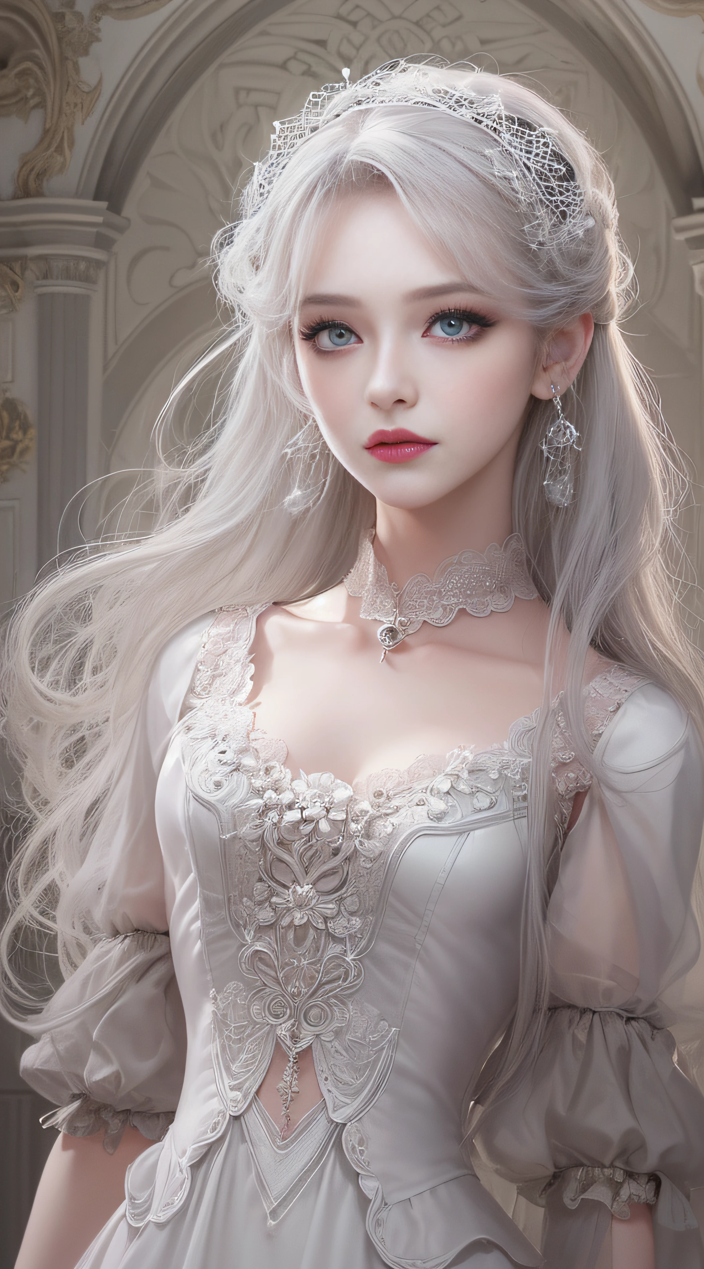 (((Masterpiece, top quality, super detailed))), 1 female, 14 years old,  (((Very Slender body))), accurate anatomy (beautiful grey eyes, large slitted eyes, delicate, lonely, beautiful eyes, jewel-like eyes, shining eyes, long eyelashes, thin nose, small mouth, thin lips, slightly long neck, slightly thin shoulders, slightly thin arms, slightly thin legs), accurate pose (looking at us), accurate Make-up (natural, natural make-up, light brown eyeshadow, light pink blush, light pink lipstick), accurate skin (very clear white, perfectly smooth), accurate hair (bright, clean silver hair, long hair curled vertically), accurate costume (black dress with frills and lace, Gothic taste, Rococo taste).