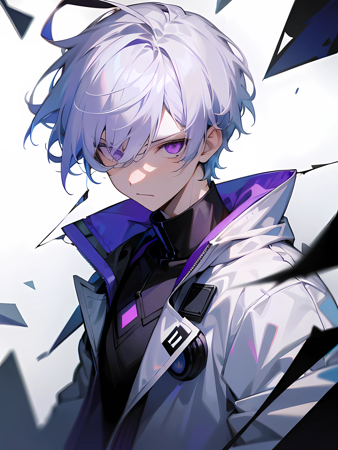 1boy, short white hair, hair covering right eye, purple eyes, wearing a white jacket, serious, shattered glass, upper body camera shot, absurdres, high res, ultrasharp, 8k, masterpiece