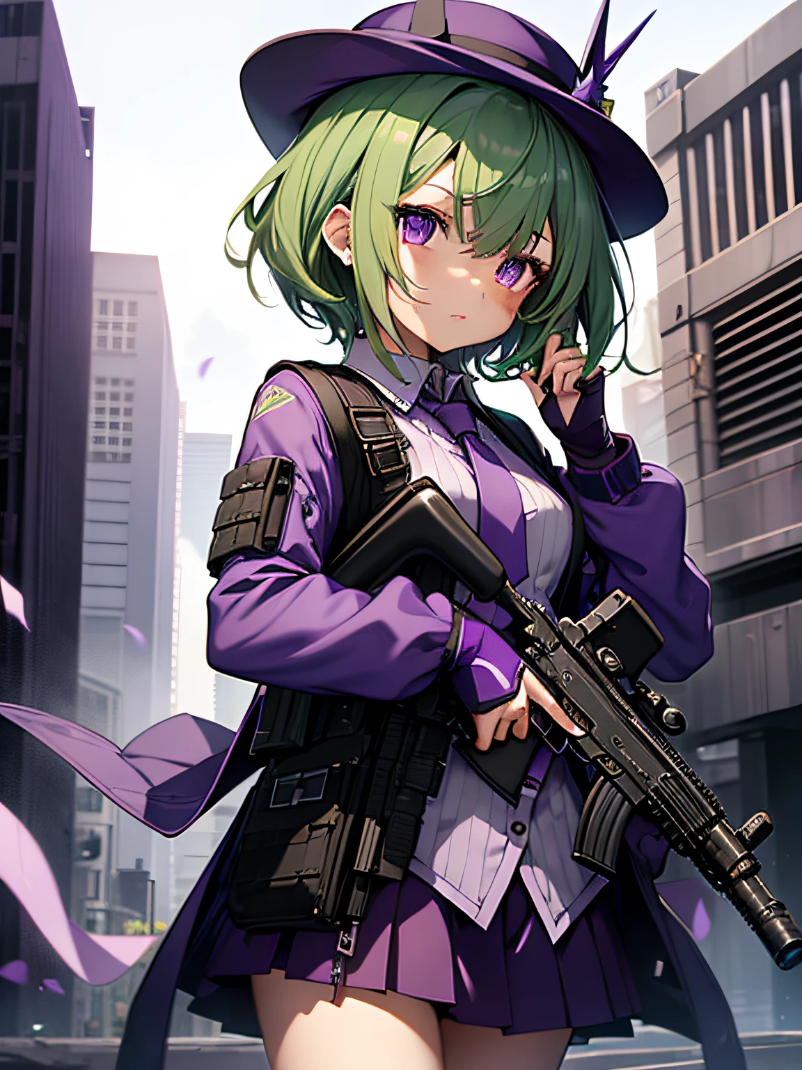 top-quality、extremely delicate and beautiful、(A  girl)、Purple Eye、Green hair、short-haired、(Purple pointy hat)、Purple tie、Soio、shortsleeves、Purple skirt、Navel,Tactical Vest、shortsleeves、Purple skirt、((Holding a submachine gun in both hands))、Midnight background、is standing