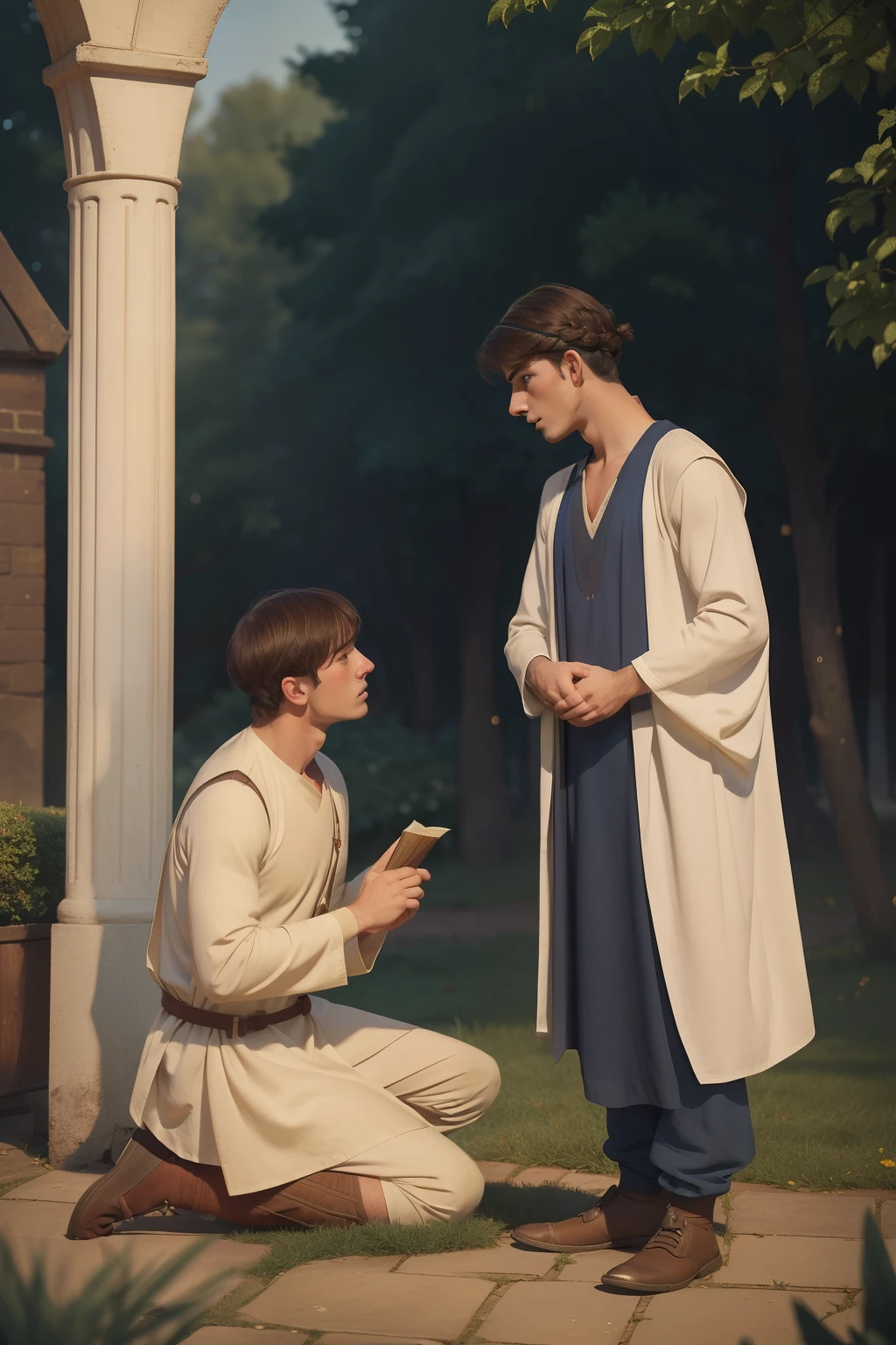Year: 11th century. Location: Tettenhall, England. Pre-raphaelite scene with a 19-year-old english man, ((trying to persuade)), anxiously ((pleading)) an older white haired jew doctor to make him his apprentice, ((negociating)) in front of a tent, ((((11th century plain dull tunic)))) ((11th century hairstyle)), (((cinematic style)))
