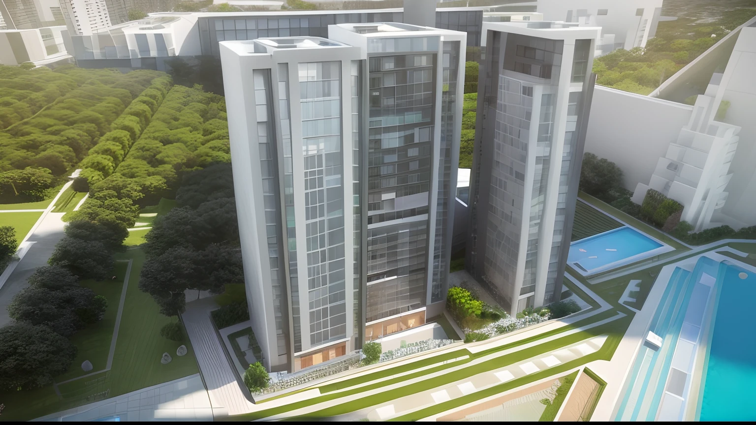 a modern high-rise apartment complex with a 3D rendering. The complex consists of three tall buildings with a shared courtyard and pool. The buildings are rectangular in shape with a gray facade and balconies on each floor. The courtyard has greenery and a blue pool. The image is set against a white background with a grid-like floor.