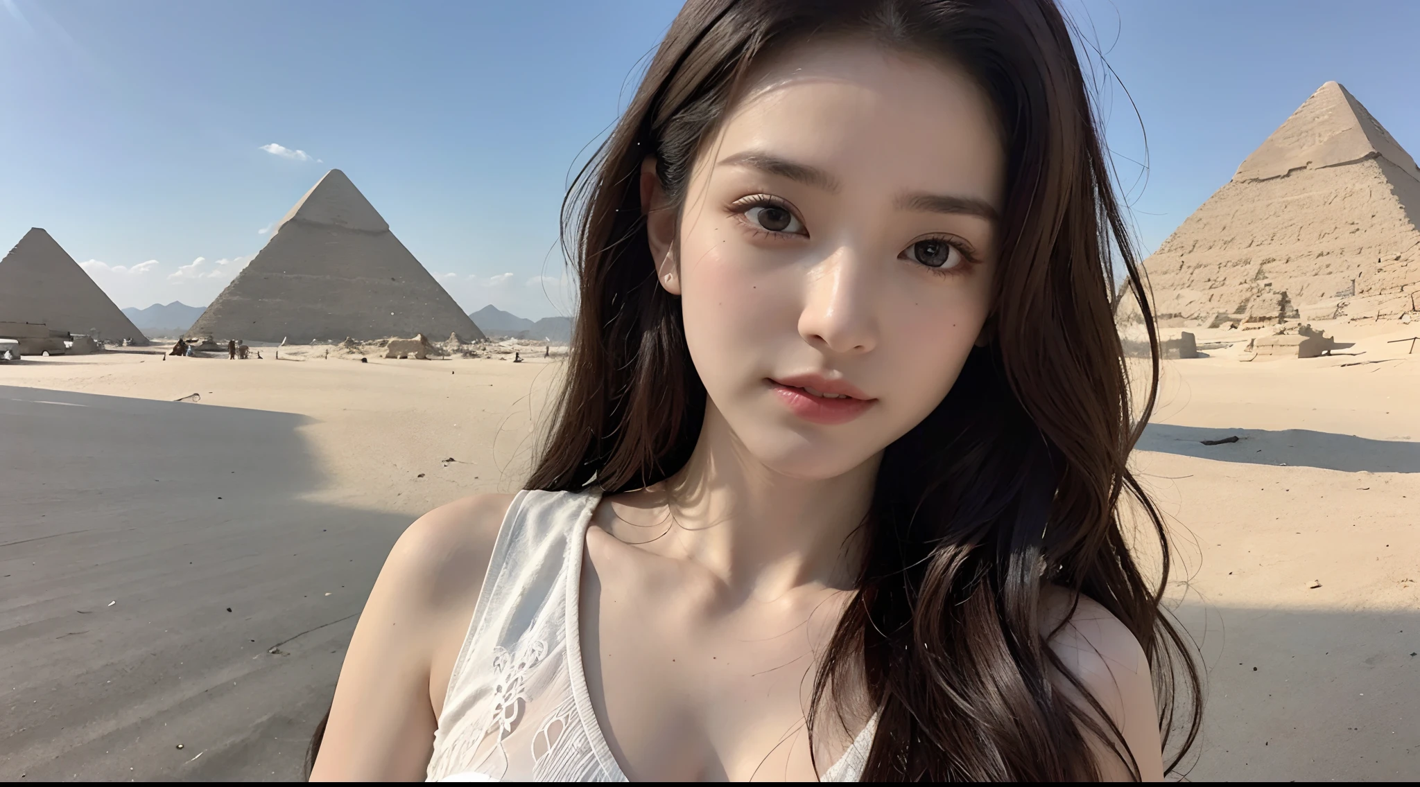 best quality, masterpiece, photo realistic, intricate details, raw photo, photon rendering, octane render, absurdres, ultra detailed, detailed face, detailed skin, trending on artstation, 8k masterpiece, cinematic lighting, ( (1girl)),((solo)),((looking_at_viewer)),trending on cg society,plasticien,((black long hair)),((beautiful woman)),(Smile),sexy lingerie, lingerie, underwear, bra,((Egyptian pyramid)),((sexy)),wind blowing hair, ((flowing hair)),happy,fashion magazine,