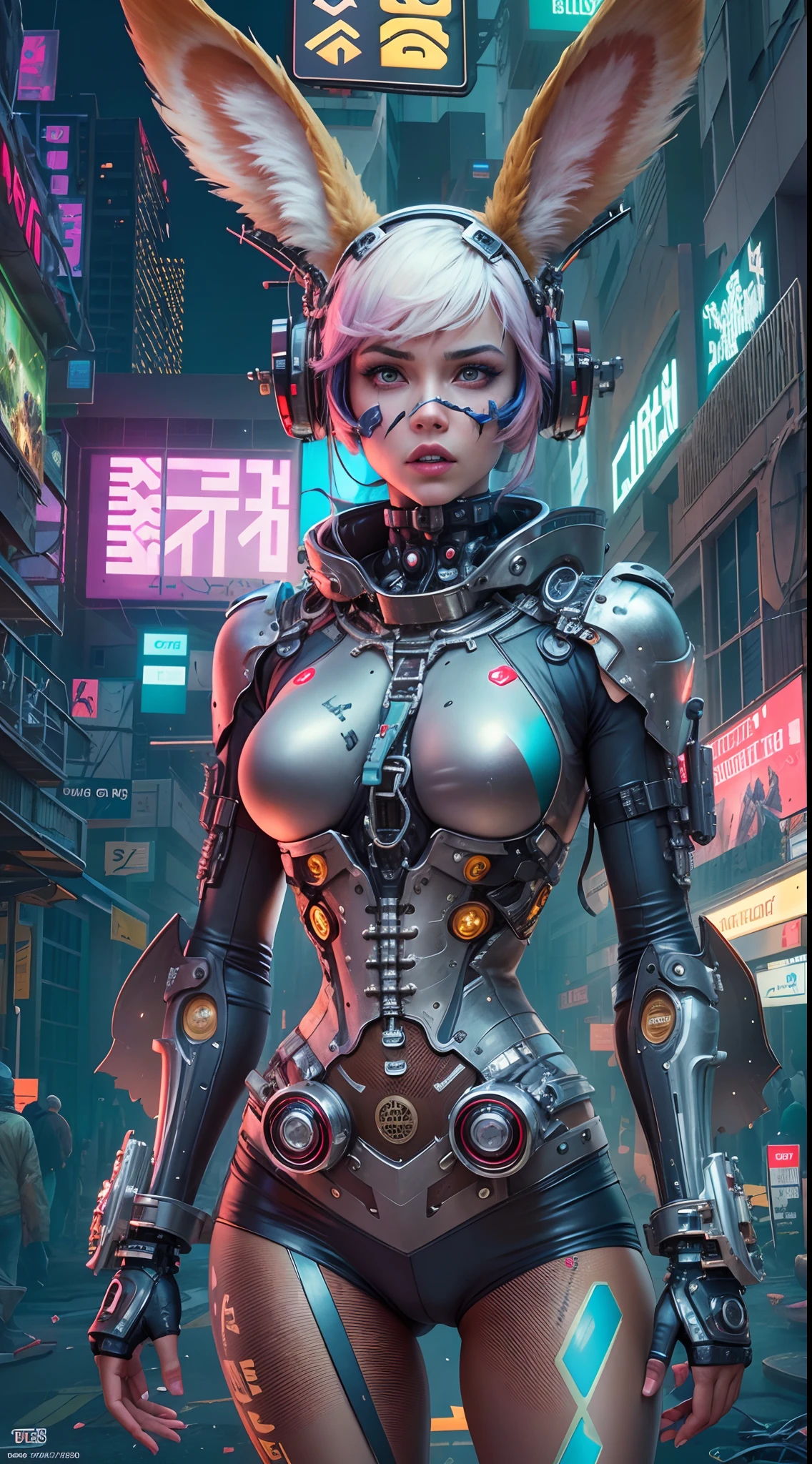 (Best quality,4K,8K,A high resolution,Masterpiece:1.2),Ultra-detailed,(Realistic,Photorealistic,photo-realistic:1.37),Cyberpunk,Girl,Mechanical,Animate,Metallic,Neon lights,Glowing eyes,metal gears,Machinery,robotic limb,Futuristic city landscape,Pink hair,Contemporary fashion,cybernetic implants,Digital interface,Night scene,mysterious,Technology,urban,grittiness,dystopian,Energetic posture,Dynamic composition,Graffiti walls,Vibrant colors,City lights,Electric atmosphere,glitch effects,Steam punk,Mechanical wings,Rabbit ears,Street style,Artificial intelligence,high-tech weapon,Fierce expression,urban exploration,flying through the air,universe background,science fiction elements,urban chic,Technological progress