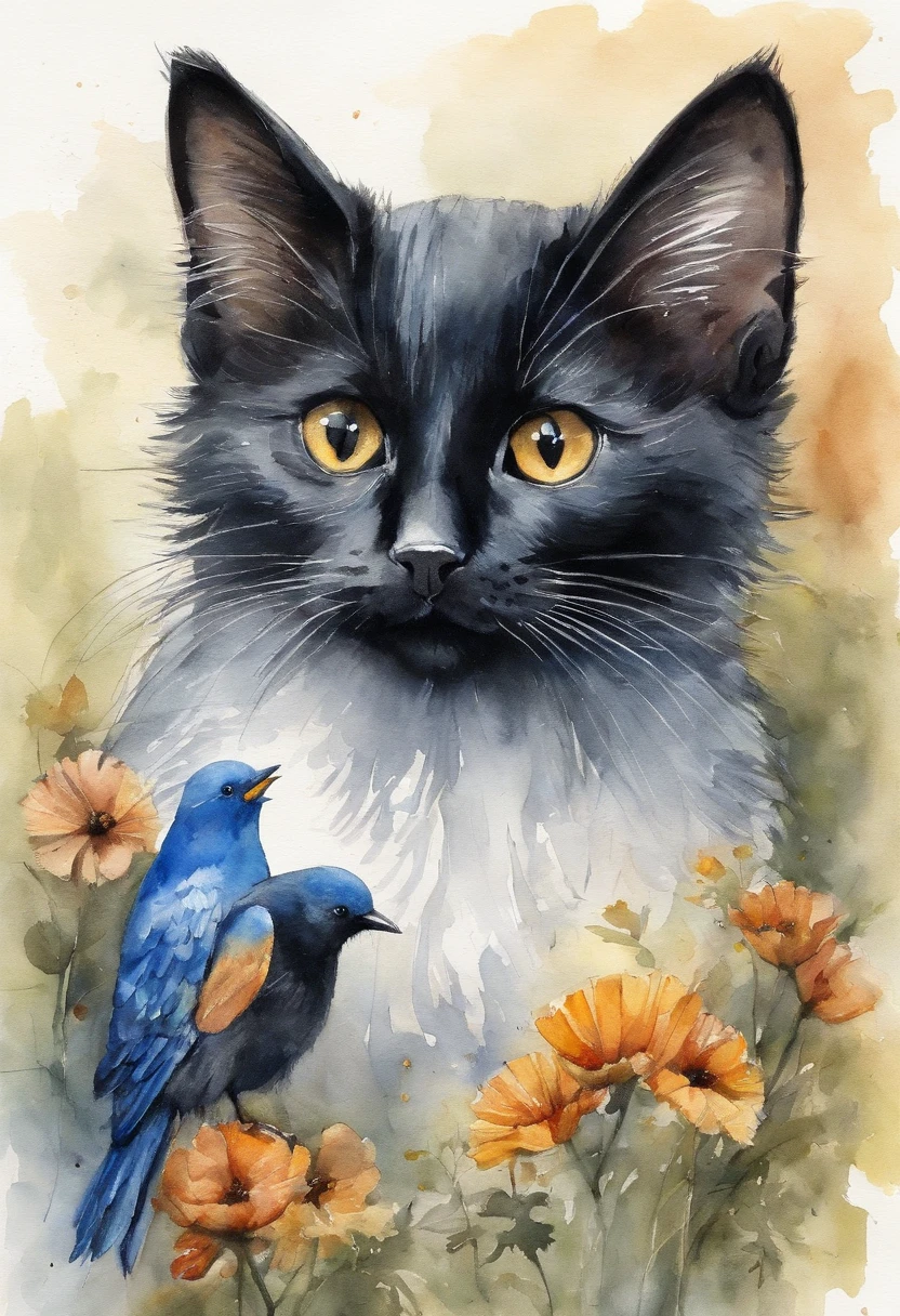 Drawing of a black kitten and a blue bird