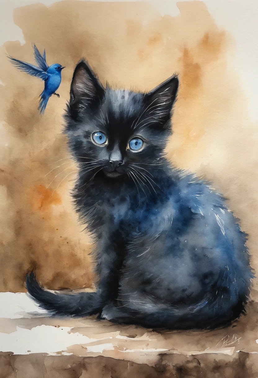 Drawing of a black kitten and a blue bird