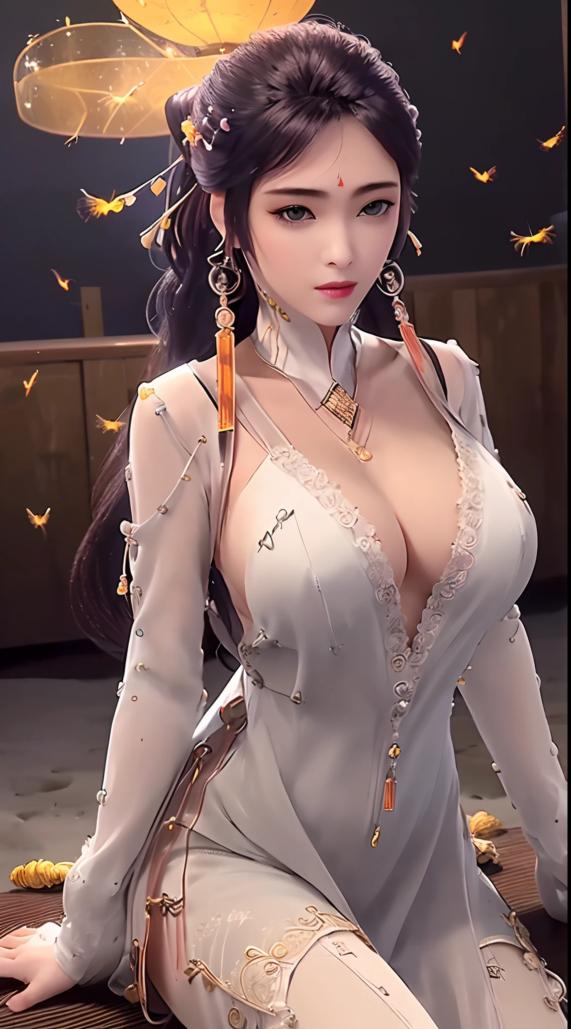 "(((1 beautiful and super sexy:1.8))), 20 year old young girl, ((wearing a transparent silver nightgown with sexy white lace trim:1.7)), (((Transparent nightgown can see each part of the sexy girl's body:1.7))), ((a dress with diamonds:1.7)), ((long black hair:1.6)), jewelry elaborately made from precious stones and beautiful hair, the noble, noble style of an extremely beautiful girl, her small face is super cute, her face is very pretty, thin eyebrows, flawless beautiful face, ((black eye pupils: 0.8)), very beautiful eyes, ((silver eyes: 1.6)), (((big round eyes:1.6))), nice makeup and hair detailed eyelashes, steamy eye makeup, high nose, earrings, red lips, ((closed mouth: 1.5)) beautiful lips, slim hands, most beautiful thighs, ((arms spread out to the sides: 1.5)), rosy face, clean face, flawless beautiful face, smooth white skin, (big breasts: 1.5)), ((high breasts: 1.6)), tight breasts, beautiful cleavage, (((big breasts and super round: 1.8))), ((super tight breasts: 1.7)) , beautiful breasts, perfect body, back arms, chest out, ((sitting position with chest up and arms behind: 1.6)), ((open your legs:1.2)), don't be shy, 8k photo, super high quality, super realistic, super 10x pixels, optical, bright studio, bright edges, dual-tone lighting, (high-detail skin:1.2), super 8k, soft lighting, high quality, volumetric lighting, photorealistic, photorealistic high resolution, lighting, best photo, 4k, 8k quality, blur effect, smooth sharp, 10 x pixel, ((Beach at night and fireflies background:1.5)), aurora, lightning, super graphics realistic, most realistic graphics, 1 girl, alone, solo, Extremely sharp image, surreal, portrait, wide angle, face focus, ((Move closer and take pictures of the girl from bottom to top:1.6)),