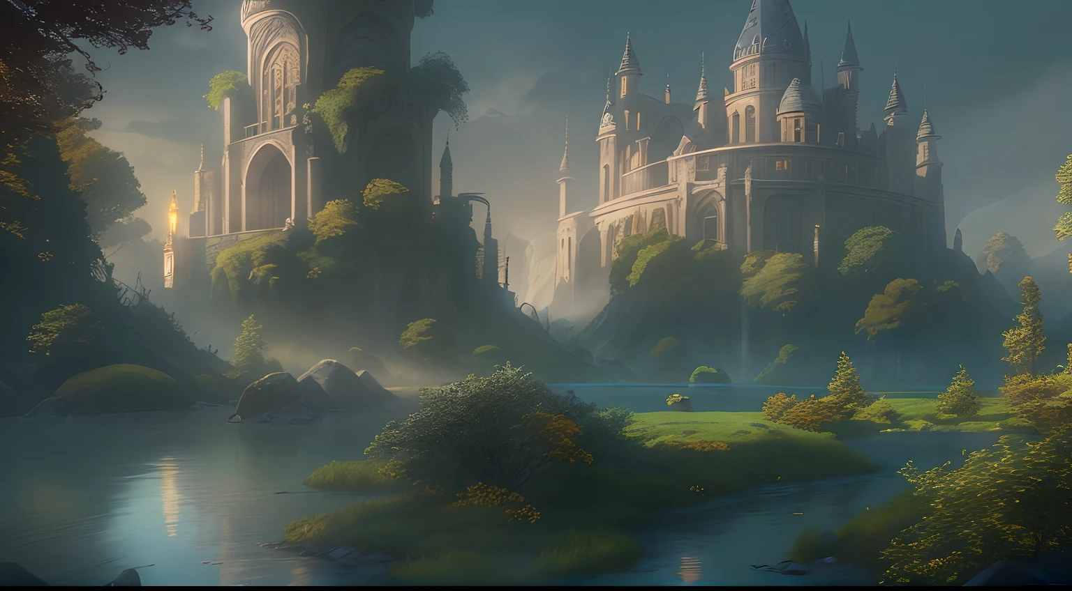 Elven city by the riverbank is enveloped in a soft twilight glow. The setting evokes the dreamlike worlds of Studio Ghibli and the ethereal landscapes of "The Elder Scrolls" series. The soft lighting accentuates the city's architecture and casts long shadows, while the color palette of muted blues, tranquil greens, and warm golds adds a layer of serenity. The high depth-of-field focuses on elements that invite soul-searching, such as the reflective water and contemplative elves.