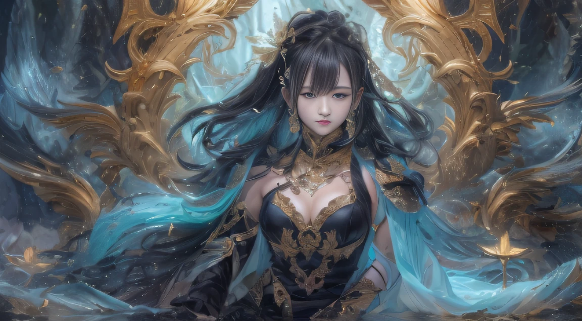 Outdoor square,Multiplayer duels,Rivers of blood flow,Water Goddess 32K,复杂,Elegant black color hair,highly detailed,Majestic black color hair,Digital photography,Autumn gold thread lenses,surrealism painting,Broken rubies,Beating magic,Entwined water magic,(tmasterpiece,Cinematic light,Fine beautiful eyes:1.2),hdr,Void 5 Energy Storm,(China 1 girl),Onlookers(Sitting),delicated face,Black color hair,Put on palatial gold armor,A lot of people grass,Beautiful light blue armor,big breasts beautiful,Black color hair,Cinematic shots,tmasterpiece,Side whole body,Flowing black hair
