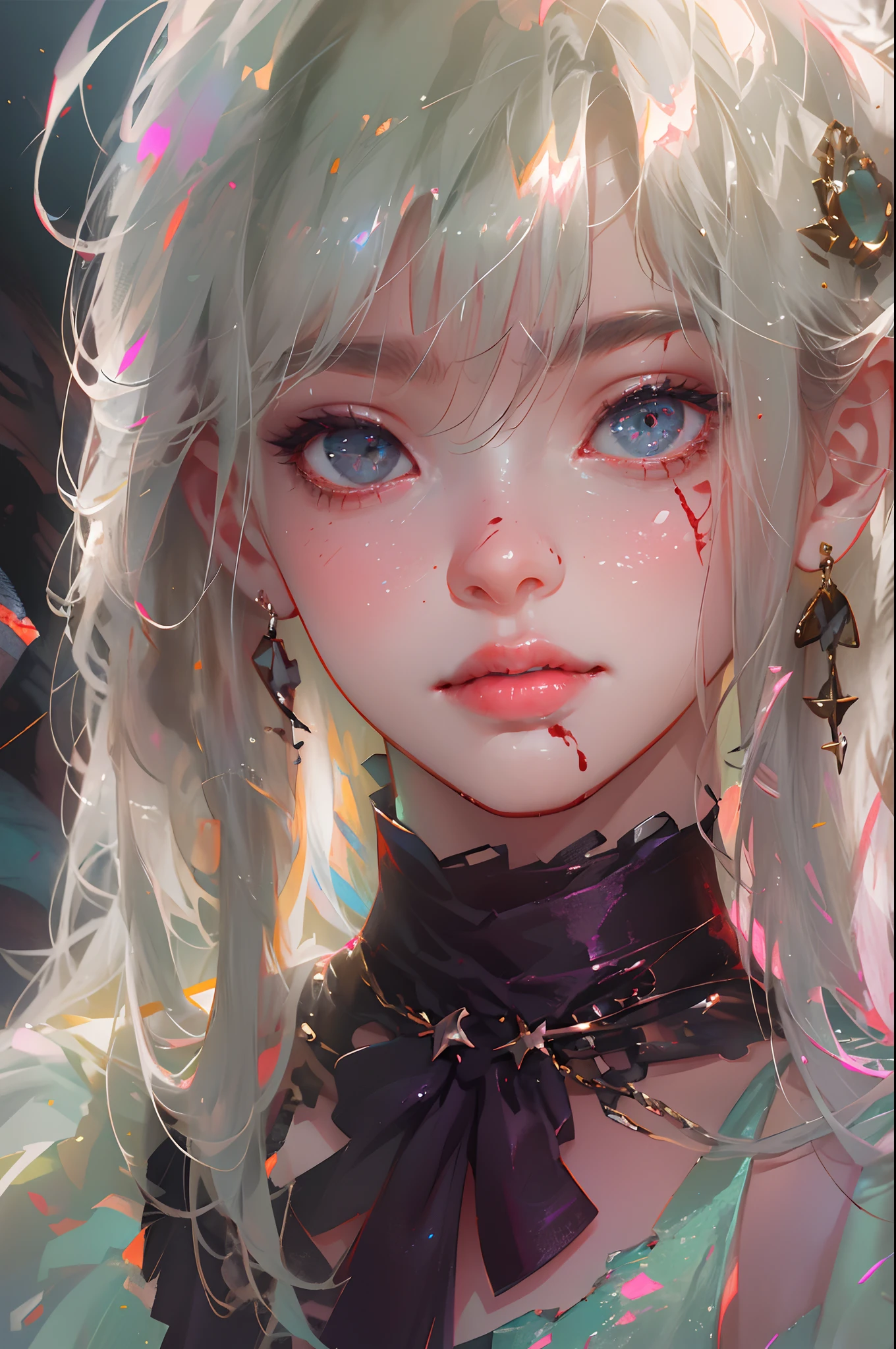 absurdres, 1girl,medium breast, star eye, blush, (realistic:1.5), (masterpiece, Extremely detailed CG unity 8k wallpaper, best quality, highres:1.2), (ultra_detailed, UHD:1.2), (pixiv:1.3), perfect illumination, distinct, (1girl:1.4), (bishoujo:1.2), looking at viewer, unreal engine, sidelighting, perfect face, detailed face, bangs, perfect body, beautiful eyes, pretty face, (bright skin:1.4), idol, (abs), ulzzang-6500-v1.1, (navel), ruins, dark place, night, dark aura, close-up, selfie, (blood on face:1.4), (evil smile:1.1)