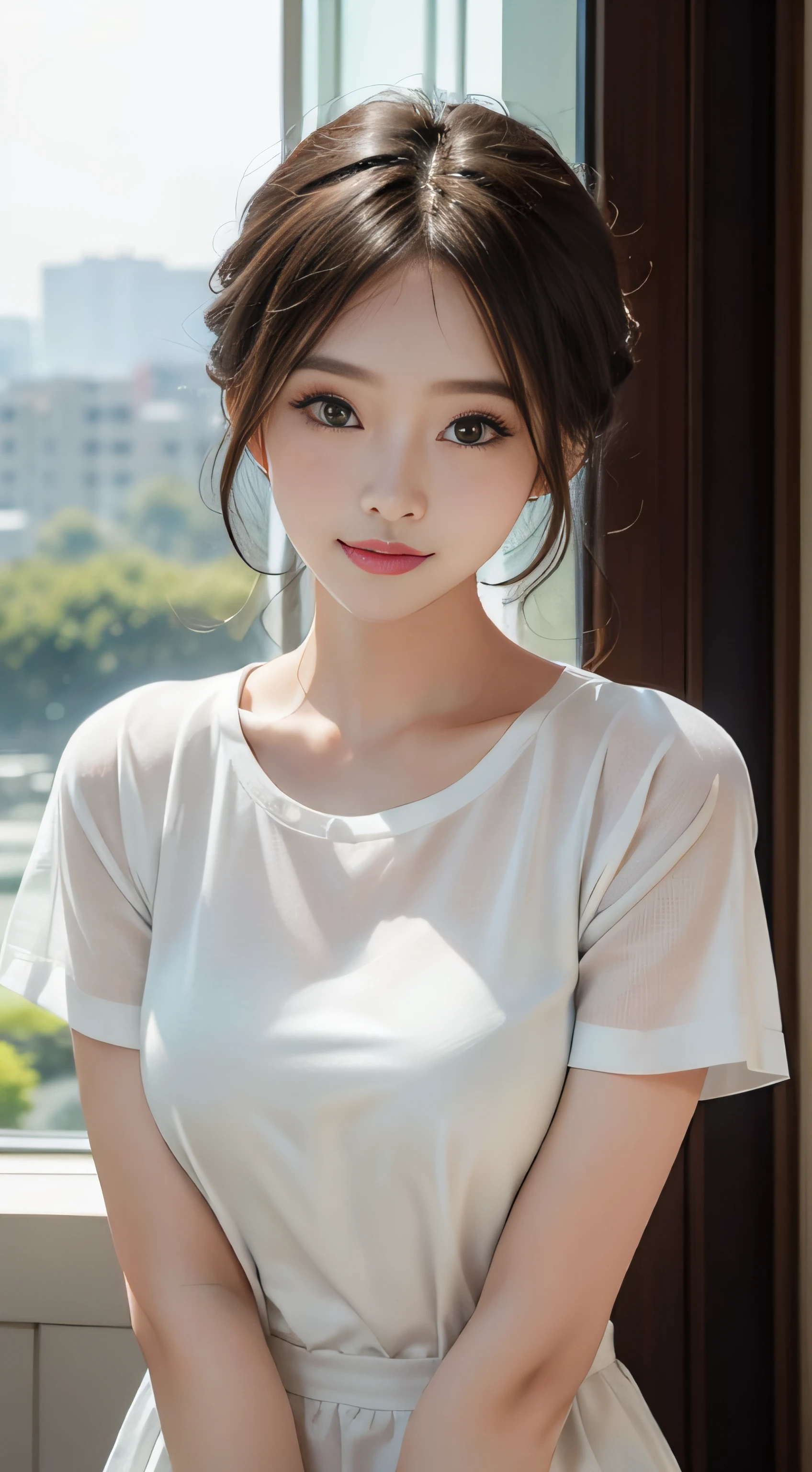 masterpiece、Top image quality:1.2、((beautiful young woman with))、Transparent skin:1.2、{A slight smil}、(kawaii)、Short sleeve knit、luxury hotel、depth of fields
