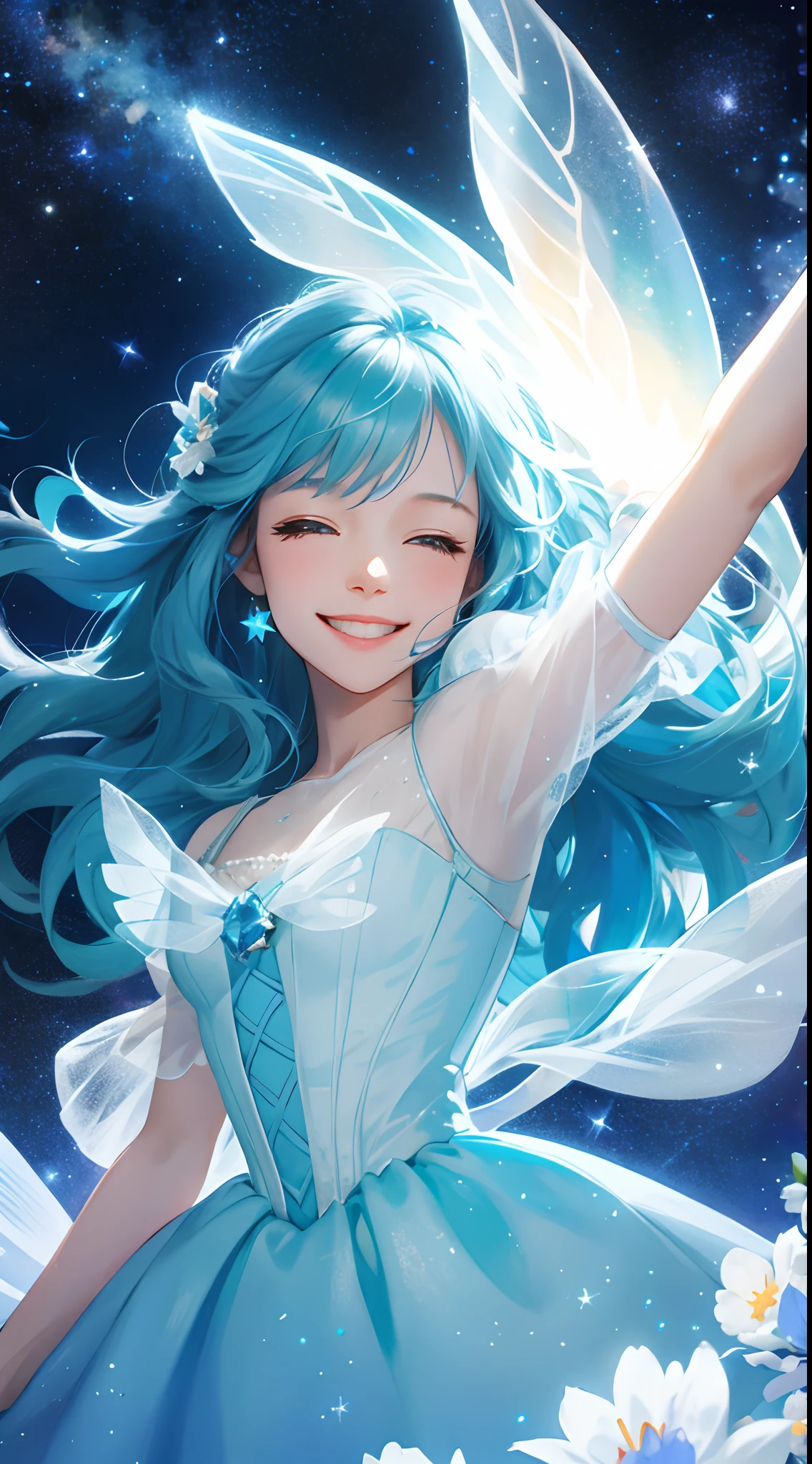 Girl in powder blue fairy dress,Stand under the stars,There are shining stars flying around you,Smiling,Blooming with innocence and dreaminess,8K high-definition(half-body portrait)