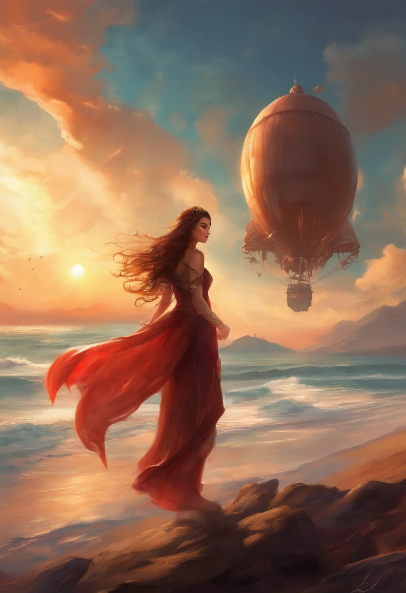 Best quality, masterpiece, very high resolution, (photorealistic: 1.5), raw photo, 1 girl, full silhouette, stamp style, blimp in the background, bare shoulders, exposed breasts, in the dark, on the beach, sunset, deep shadow , dark tone, cold light, sexy look, steampunk long curly red hair