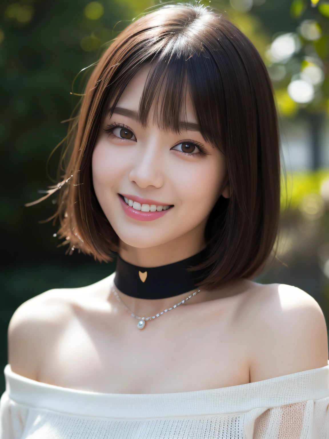 of the highest quality, masutepiece, Ultra High Resolution, Photorealistic, 1 girl, off shoulders, knit, Smile, Smile, slightly visible, Oversized_Sweaters, Soft lighting, Detailed skin, Bangs, Black hair, Clear eyes, Short bob hair, Transparency, Japan, Korean, Beautiful woman, Upper Eyes, Lip gloss, Black Chic Choker, Teardrops,  Highlights in the eyes