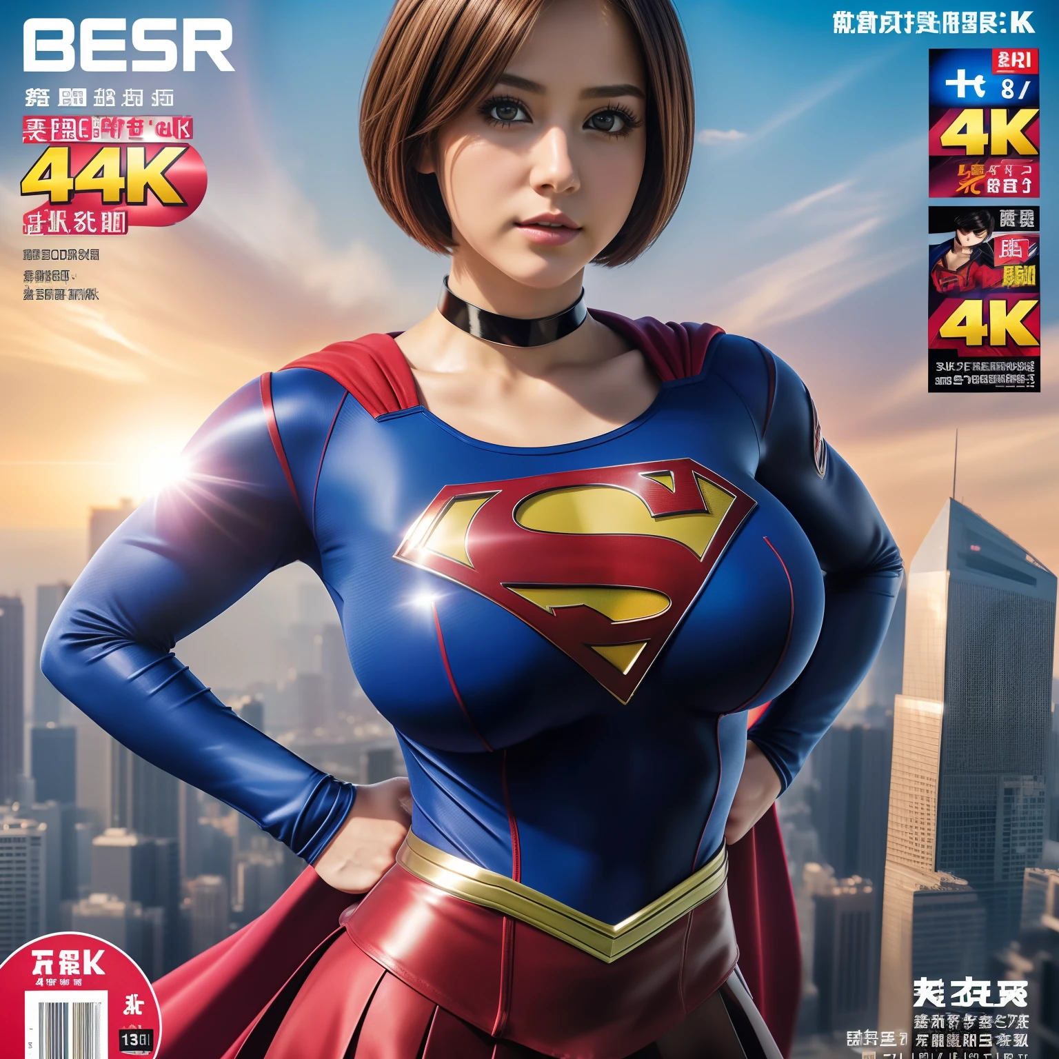 (Best Quality,4K,8K,hight resolution,masutepiece:1.2),Ultra-detailed,Realistic:1.37,Super masterpiece,Short-haired Supergirl、large full breasts、Looking at the camera、Glossy costume、a choker、Too short miniskirt、Weekly magazine cover、Powerful Pose、