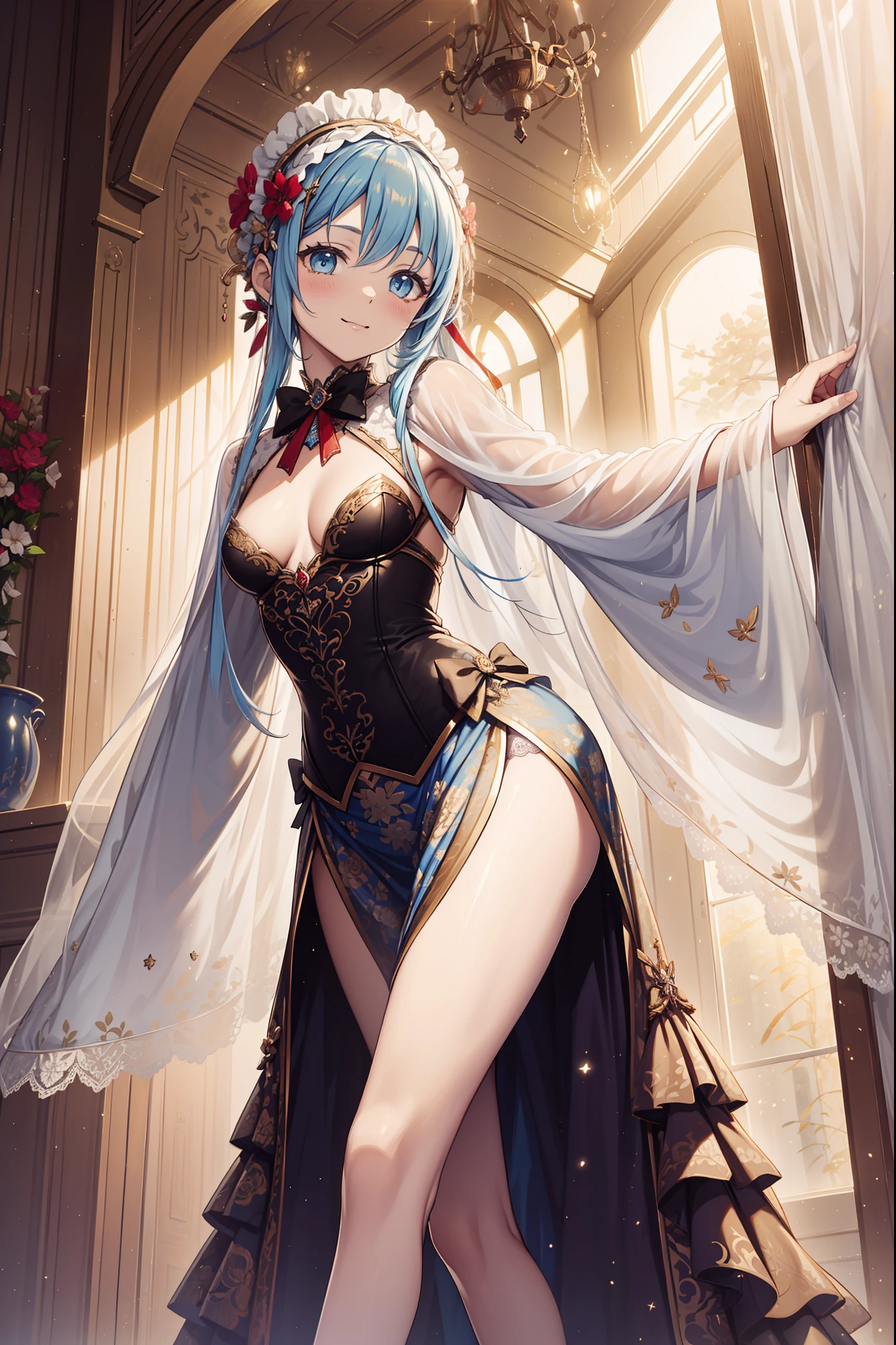 saints，Enchanted，having fun，Being in love，(Light Victorian dress)，silber hair，eBlue eyes，exquisite costumes，Seductive pose,streaked，Ruffles，Lace，A small amount of color ramp，Pattern，Floral decoration，Fabric headdress，Heavy bow，，A small amount of transparent clothing，inside in room，solo person,(Dazzle:1.1),(Flowing skirt:1.1)