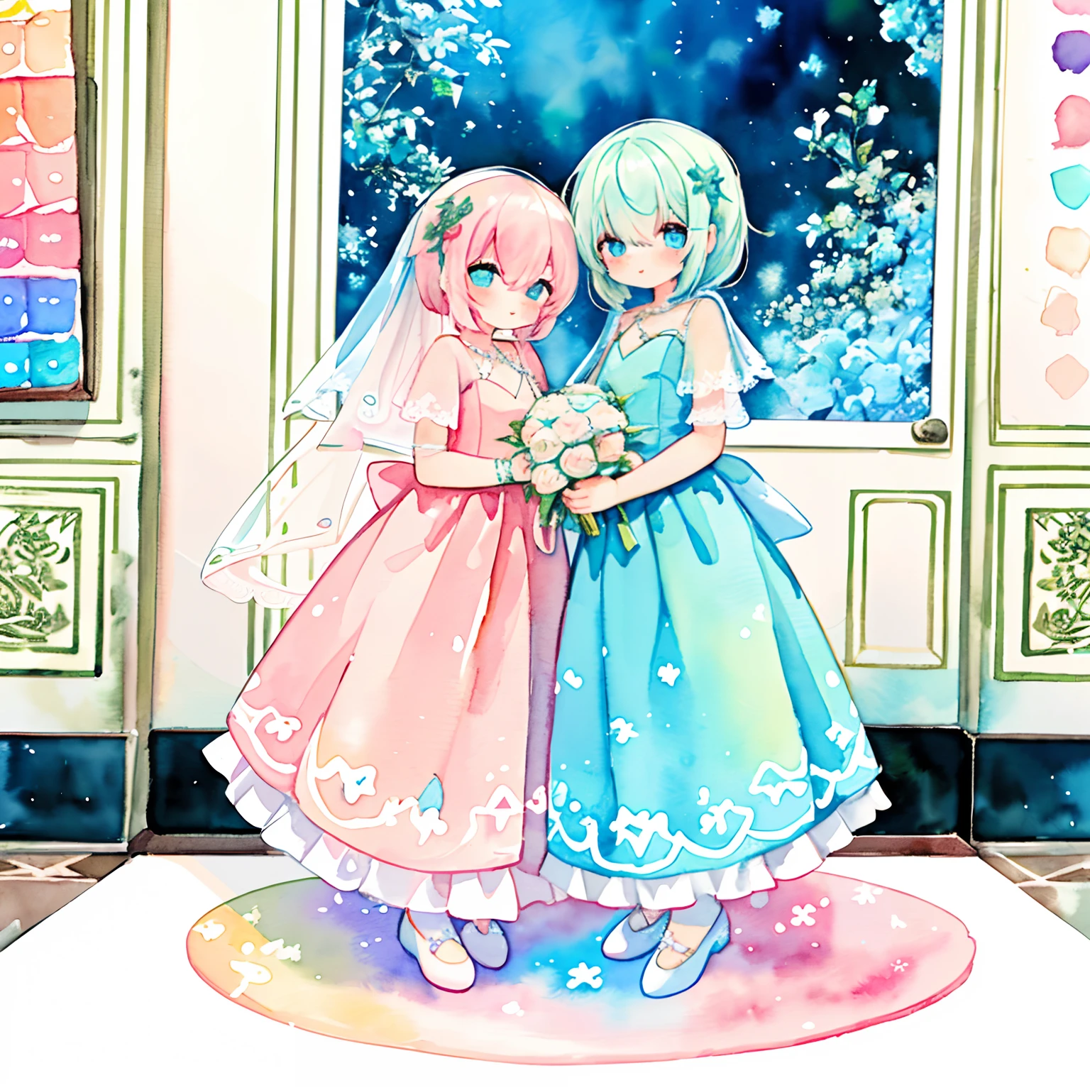 (PastelColors:1.5)、(Cute illustration:1.5)、(watercolor paiting:1.2)、hair between eye、Dance hall、girl with、full body Esbian、facing front、weddingdress、wedding、bride、chies、blanche、Blue carpet、with a white bouquet、happiness、kirakira、smil、Looks fun、