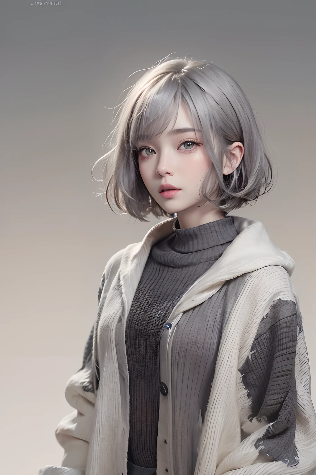 (Piece masuter:1.3)、(8K、photorealestic、RAW photography、topquality: 1.4)、(1girl)、beatiful face、(realistic face)、(gray hairs、short-hair:1.3)、beautiful hairstyle、Realistic eyes、beautifull details、（real-looking-skin）、Beautiful skins、（Sweaters）、Absurder、enticing、超High Resolution、A hyper-realistic、higly detailed、the golden ratio、amber eyes