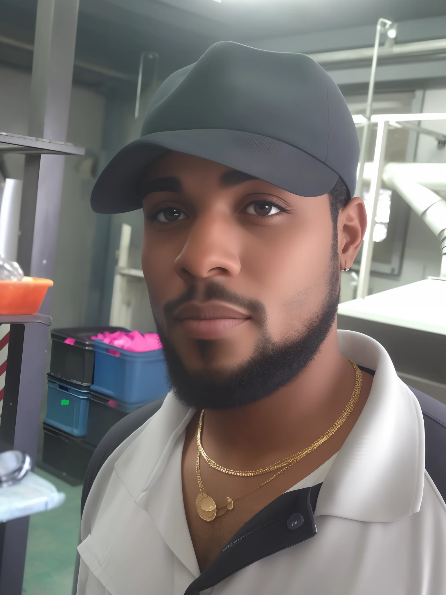Il y a un homme portant un chapeau et un collier dans une cuisine, Riyahd Cassiem, mohamed chahin, Mohamed Reda, Alex, Publication Facebook, Jamie Reid, with accurate face, Potrait, edited, Photo de profil, David Uzochukwu, Alphonso Azpiri, bel homme, Rodney Matthew, dans une usine, Black curly beard
