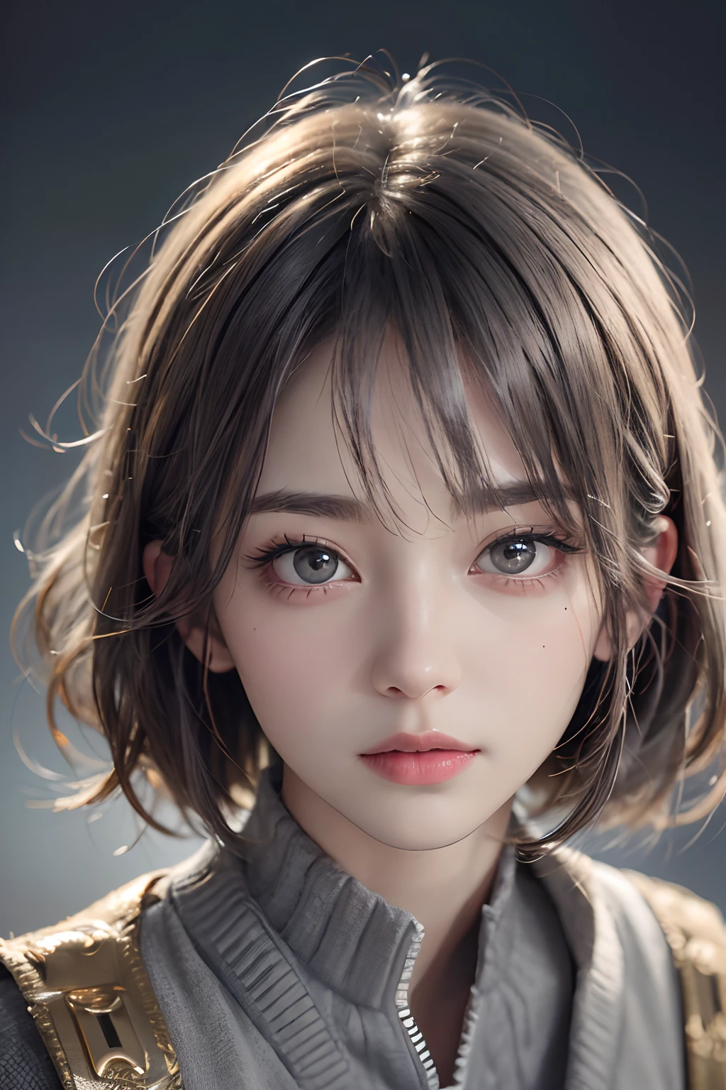 (Piece masuter:1.3)、(8K、photorealestic、RAW photography、topquality: 1.4)、(1girl)、beatiful face、(realistic face)、(gray hairs、short-hair:1.3)、beautiful hairstyle、Realistic eyes、beautifull details、(real-looking-skin)、Beautiful skins、(Sweaters)、Absurder、enticing、超High Resolution、A hyper-realistic、higly detailed、the golden ratio、amber eyes