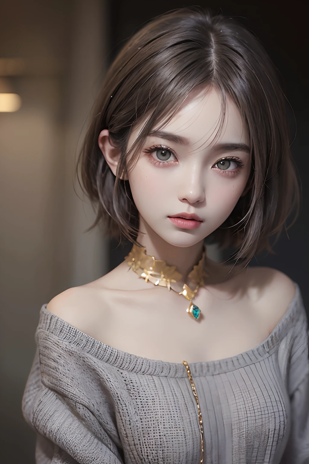 (Piece masuter:1.3)、(8K、photorealestic、RAW photography、topquality: 1.4)、(1girl)、beatiful face、(realistic face)、(gray hairs、short-hair:1.3)、beautiful hairstyle、Realistic eyes、beautifull details、（real-looking-skin）、Beautiful skins、（Sweaters）、Absurder、enticing、超High Resolution、A hyper-realistic、higly detailed、the golden ratio、amber eyes