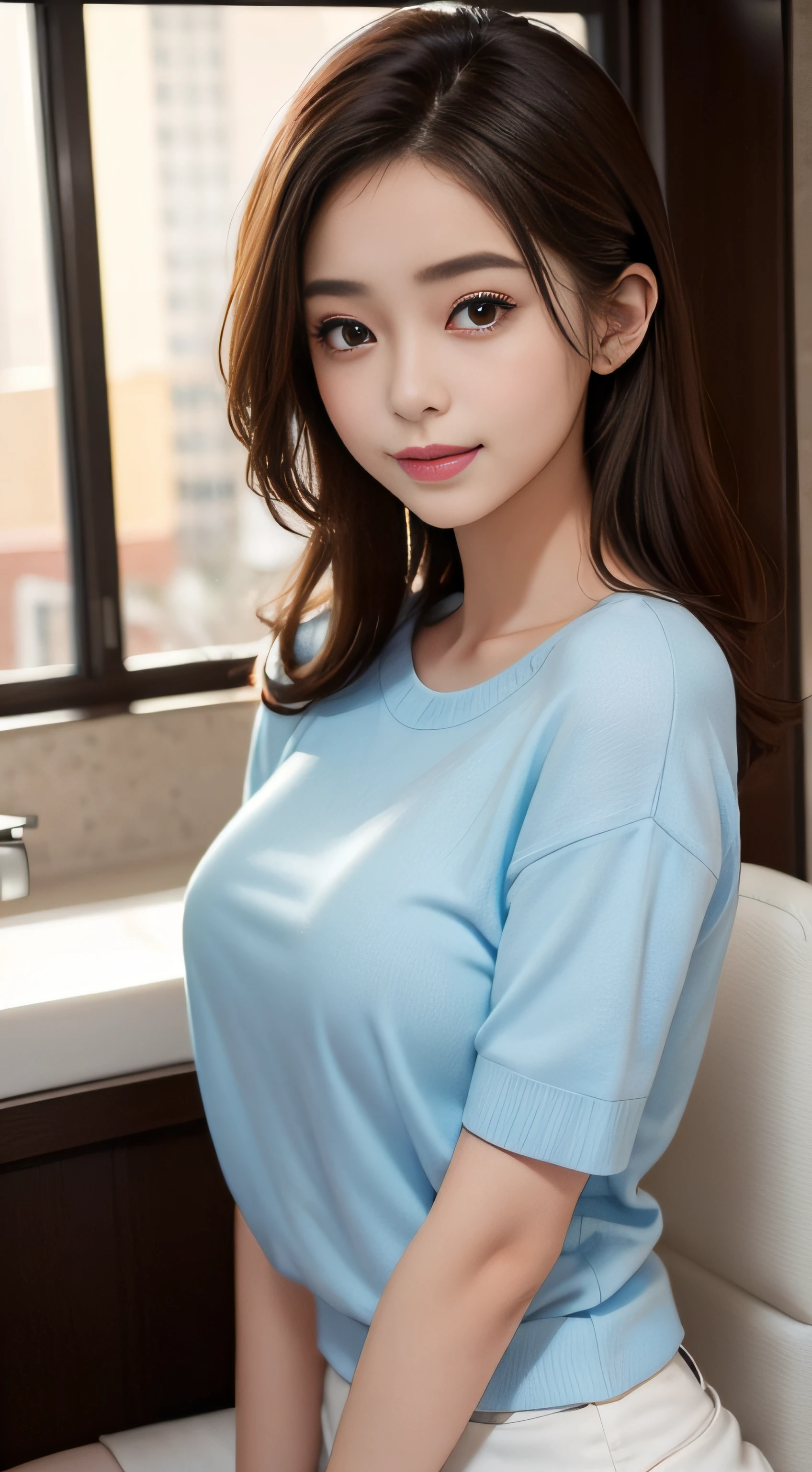 ​masterpiece、Top image quality:1.2、((beautiful young woman with))、Transparent skin:1.2、{A slight smil}、(kawaii)、Short sleeve knit、luxury hotel、depth of fields