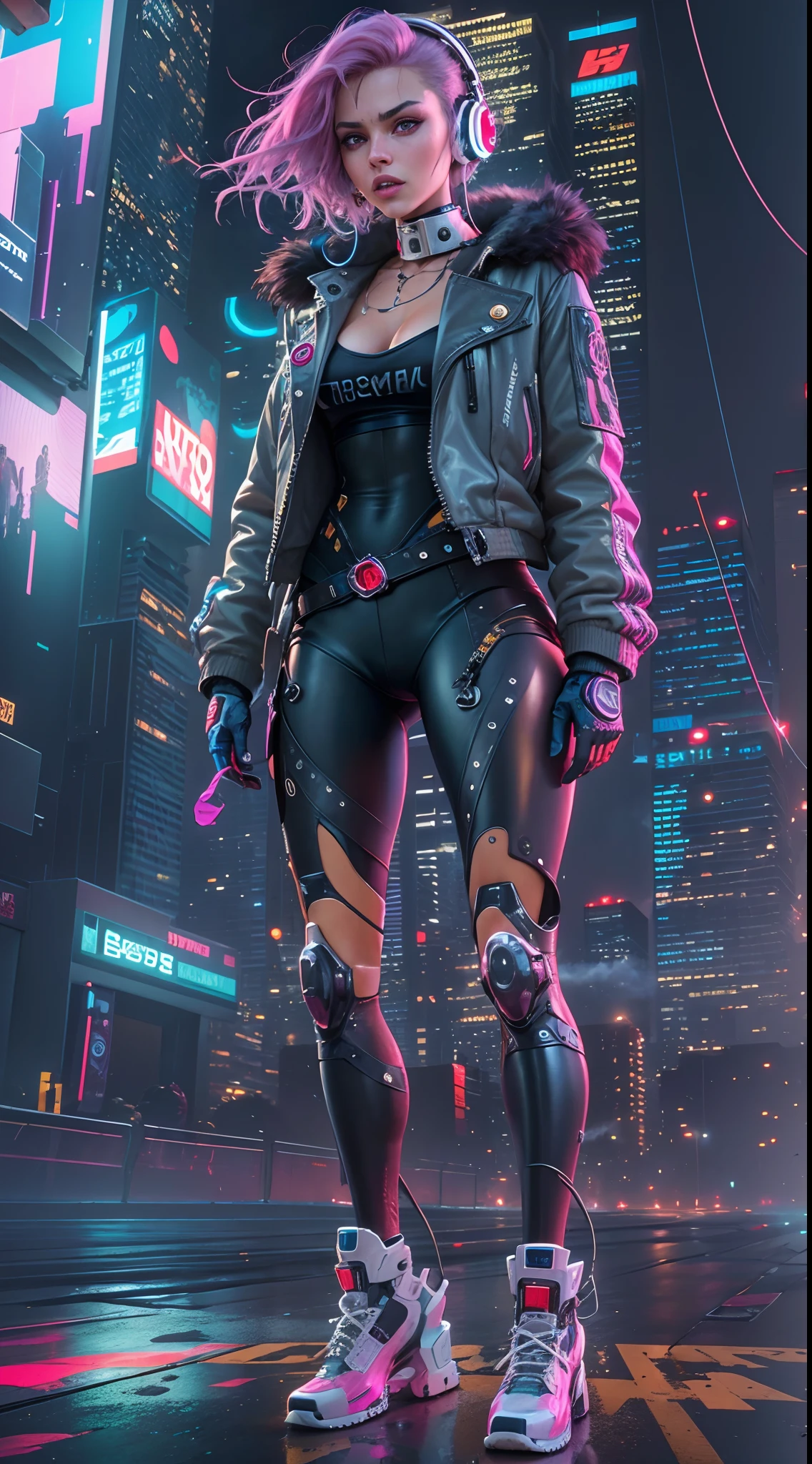 (best quality,4k,8k,highres,masterpiece:1.2),ultra-detailed,(realistic,photorealistic,photo-realistic:1.37),cyberpunk,girl,mechanical,animated,metallic,neon lights,glowing eyes,metal gears,machinery,robotic limbs,futuristic cityscape,pink hair,contemporary fashion,cybernetic implants,digital interface,night scene,mysterious,technology,urban,gritty,dystopian,energetic pose,dynamic composition,graffiti walls,vibrant colors,city lights,electric atmosphere,glitch effects,steam punk,mechanical wings,aural headphones,street style,artificial intelligence,high-tech weapons,fierce expression,urban exploration,fly through the air,cosmic background,sci-fi elements,urban fashion,technological advancements