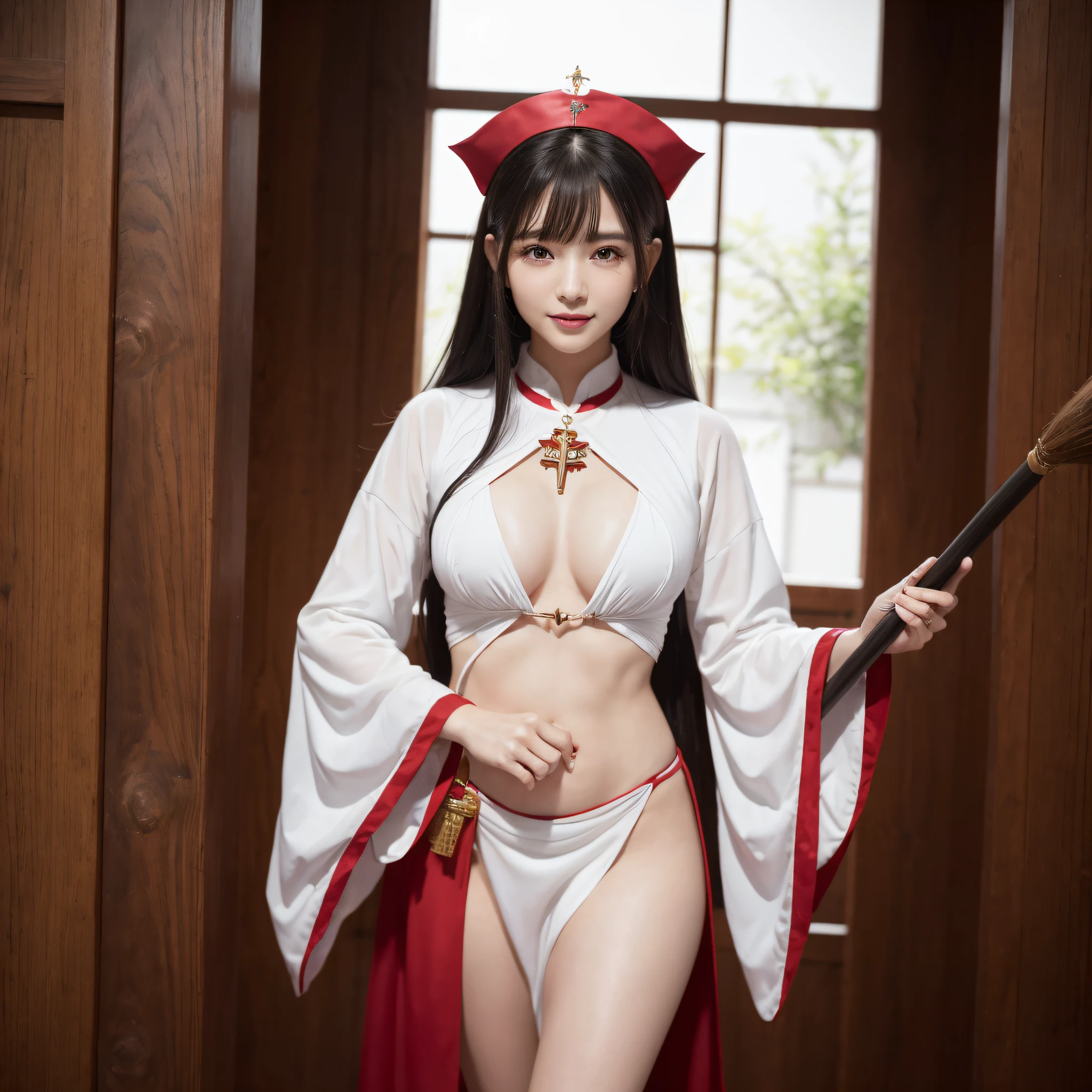 Neat and clean priestess、((best qualtiy、8k masterpieces:1.3))、foco nítido:1.2、(ultra beautiful faces:1.0)、(shinny skin:1.0)、photos realistic、A dark-haired、Video Lighting、High-definition eyes and face、Video Lighting、Japan Idol Actress、from the front side、medium breasts、Smile、Slender Abs Beauty、Whole body、Wearing a red priestess costume、At the shrine in the morning、Holding a broom
