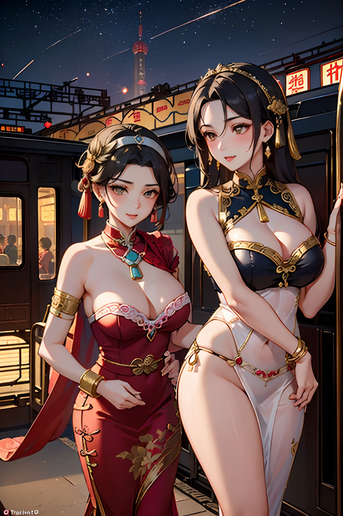 Two beautiful girls,leering:1.4, Lovers, Lesbians,(In the 1920s at the Shanghai Railway Station,Vintage train background:1.6),(Taoist hairstyle,Giant hair sticks:1.6,Oylan hair accessories,armlets, bangle:1.3),Dodge kisses,bauhause, bulgari, official valentino editorial,half-open lips, Suck your lips firmly, Drooling, elegant, Brilliant, Beautiful, Blush (0.2), Gorgeous, Beautiful, Gorgeous, gentle, Starry sky, Milky Way, Summer triangle, Tanabata and bamboo ornaments, Precise drawings, a detailed drawing,