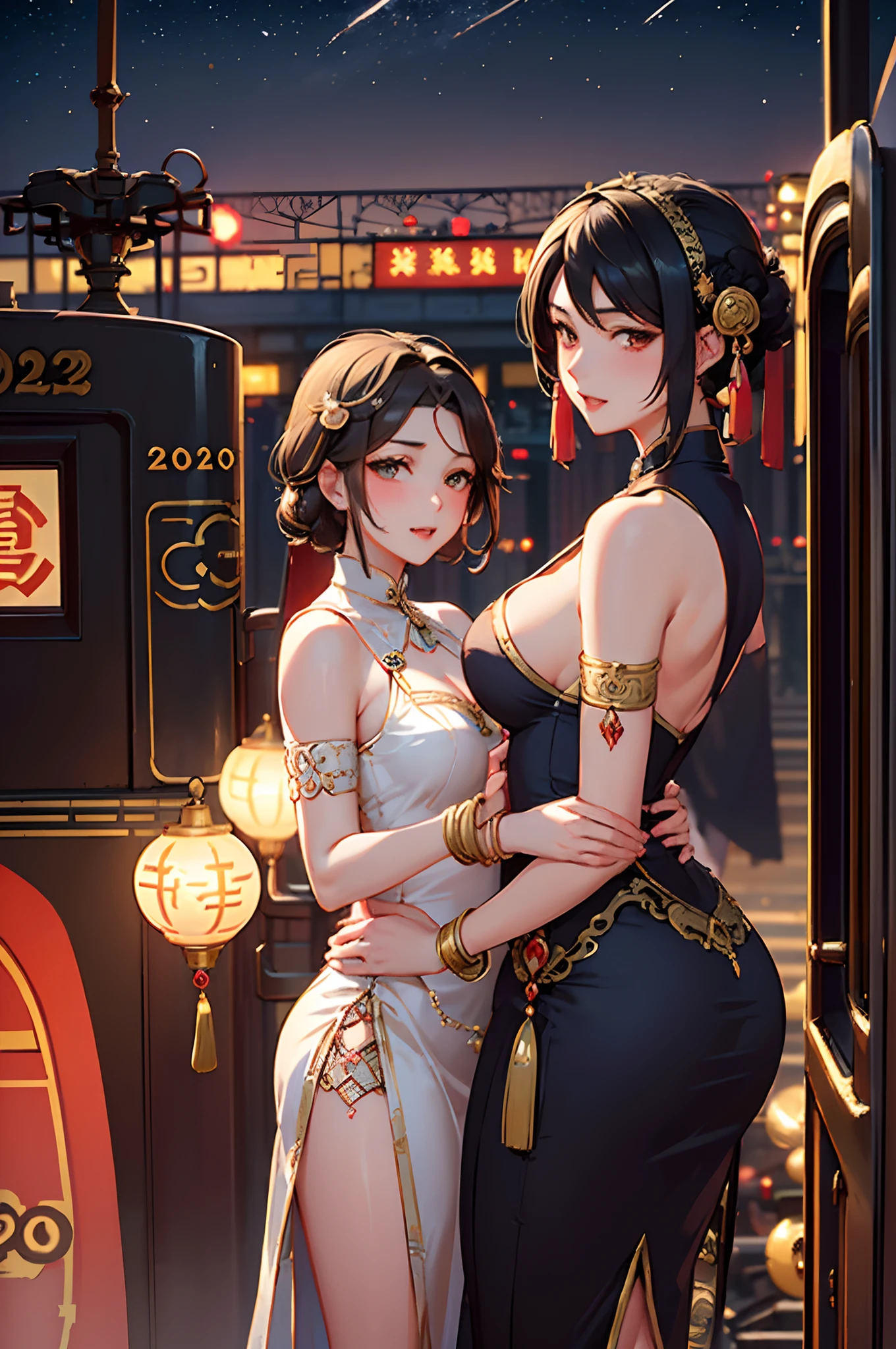 Two beautiful girls,leering:1.4, Lovers, Lesbians,(In the 1920s at the Shanghai Railway Station,Vintage train background:1.6),(Taoist hairstyle,Giant hair sticks:1.6,Oylan hair accessories,armlets, bangle:1.3),Dodge kisses,bauhause, bulgari, official valentino editorial,half-open lips, Suck your lips firmly, Drooling, elegant, Brilliant, Beautiful, Blush (0.2), Gorgeous, Beautiful, Gorgeous, gentle, Starry sky, Milky Way, Summer triangle, Tanabata and bamboo ornaments, Precise drawings, a detailed drawing,