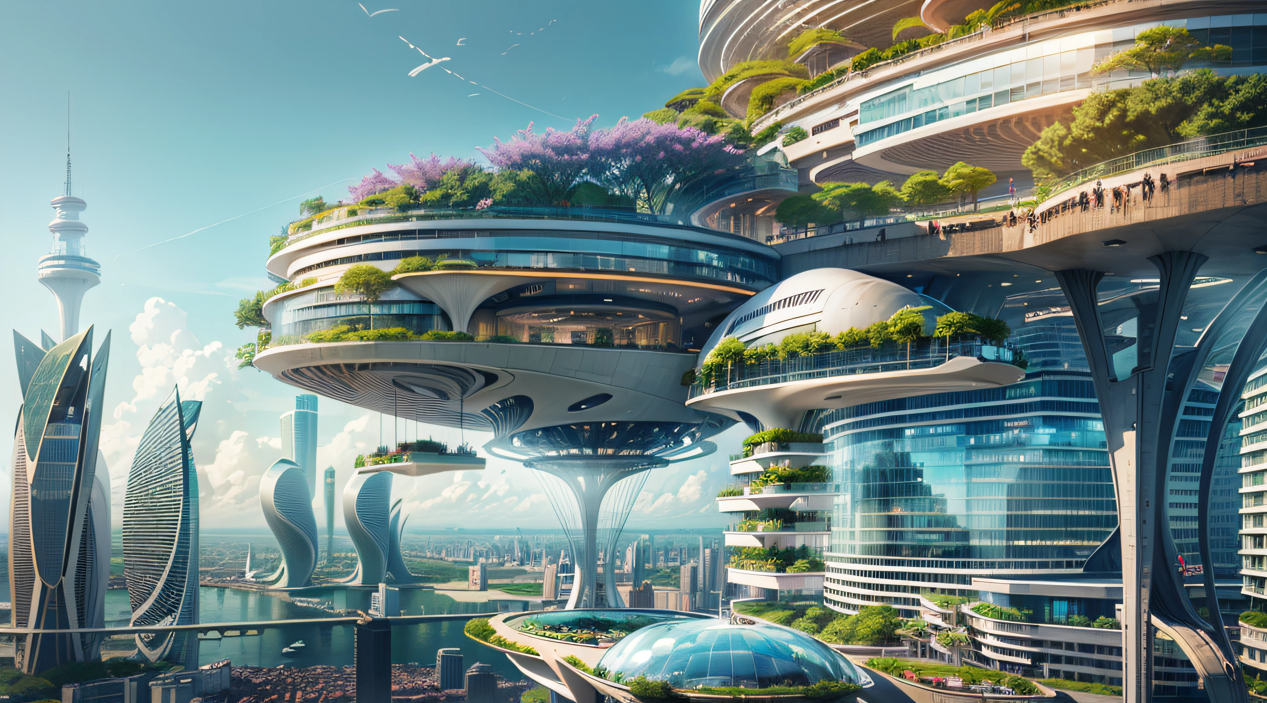 (Best quality,4K,8K,A high resolution,Masterpiece:1.2),Ultra-detailed,(Realistic,Photorealistic,photo-realistic:1.37),Futuristic floating city,Futuristic technology,Huge urban high-tech tablet platform,Airship,Floating in the sky,Futuristic city,Small airships around,High-tech hemispherical platform,Colorful lights,Advanced architecture,modernn architecture,skyscrapper,Access the cloud,Scenic beauty,view over city,Impressive design,Blend seamlessly with nature,energetic and vibrant atmosphere,Futuristic transportation system,Parking is suspended,Transparent path,Lush greenery,Sky gardens,cascading waterfalls,Magnificent skyline,reflections on the water,Sparkling river,Architectural innovation,futuristic skyscrapers,Transparent dome,The shape of the building is unusual,Elevated walkway,Impressive skyline,Glowing lights,Futuristic technology,Minimalist design,Scenic spots,Panoramic view,Cloud Piercing Tower,Vibrant colors,epic sunrise,epic sunset,Dazzling light display,magical ambiance,The future city,Urban Utopia,LuxuryLifestyle,Innovative energy,sustainable development,Smart city technology,Advanced infrastructure,Tranquil atmosphere,Nature and technology live in harmony,Awesome cityscape,Unprecedented urban planning,Architecture connects seamlessly with nature,High-tech metropolis,A cutting-edge engineering marvel,The future of urban living,Visionary architectural concept,Energy-efficient buildings,Harmony with the environment,A city floating above the clouds,Utopian dreams become reality,The possibilities are endless,State-of-the-art transportation network,Green energy integration,Innovative materials,Impressive holographic display,Advanced communication system,Breathtaking aerial view,Quiet and peaceful environment,Modernist aesthetics,Ethereal beauty