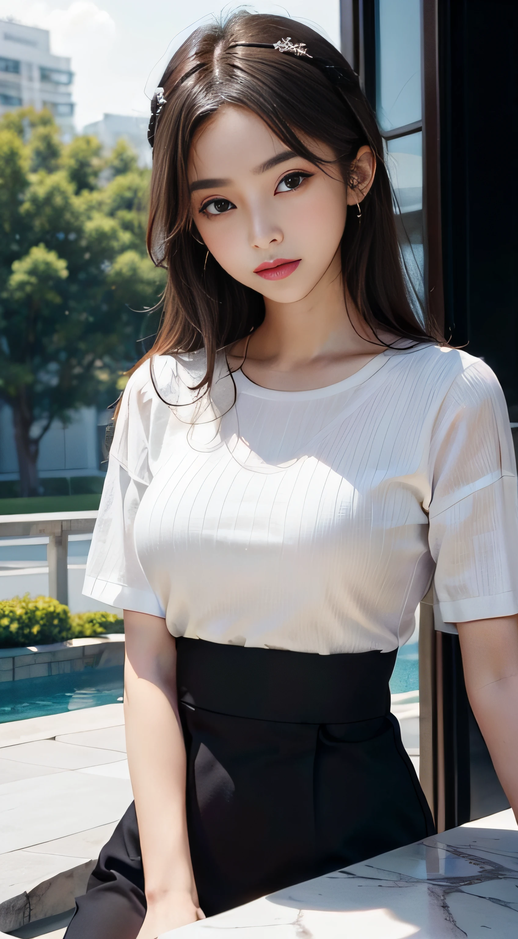 masterpiece、Top image quality:1.2、((beautiful young woman with))、Transparent skin:1.2、{A slight smil}、(kawaii)、Short sleeve knit、luxury hotel、depth of fields