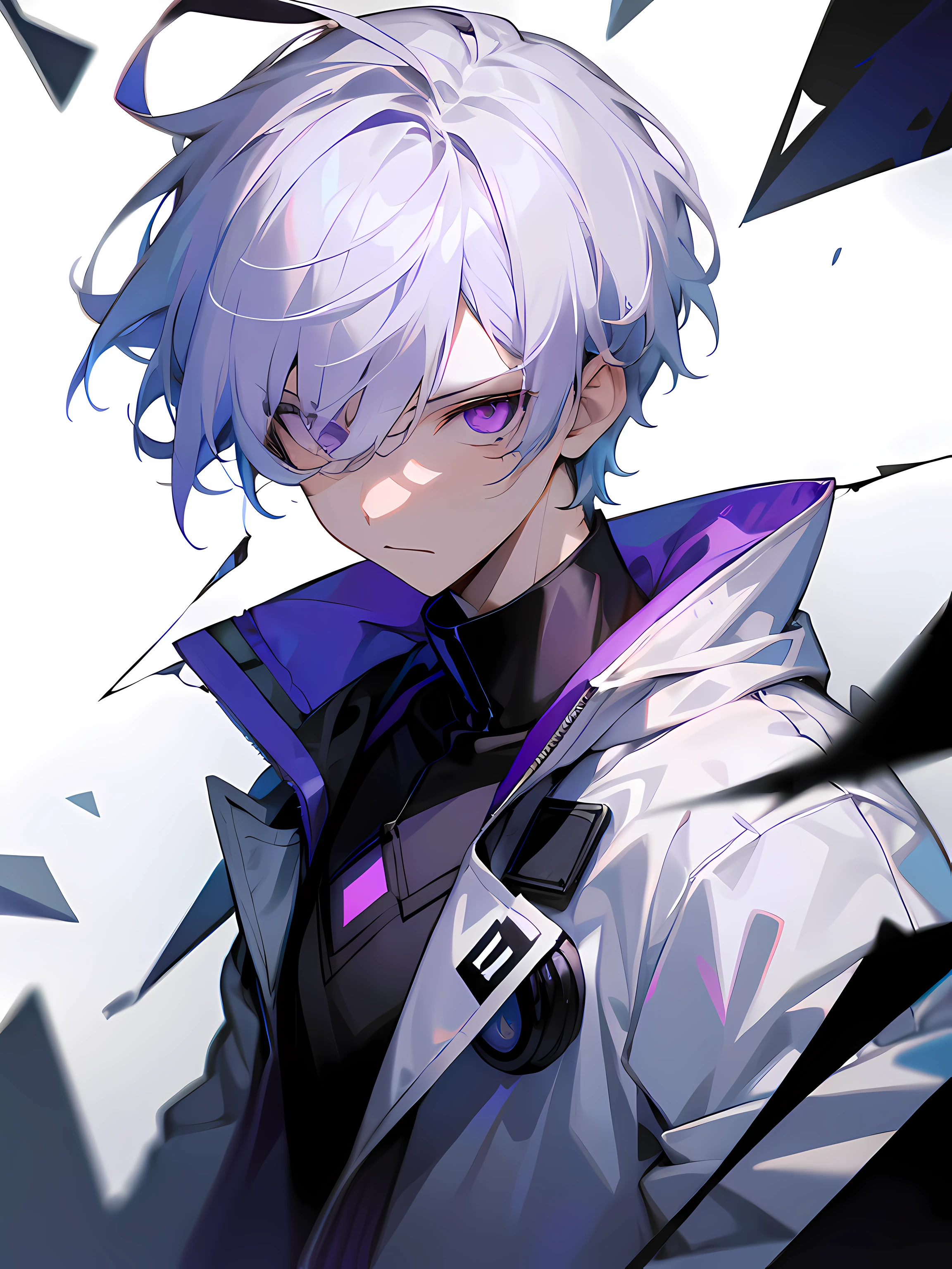 1boy, short white hair, hair covering right eye, purple eyes, wearing a white jacket, serious, shattered glass, upper body camera shot, absurdres, high res, ultrasharp, 8k, masterpiece