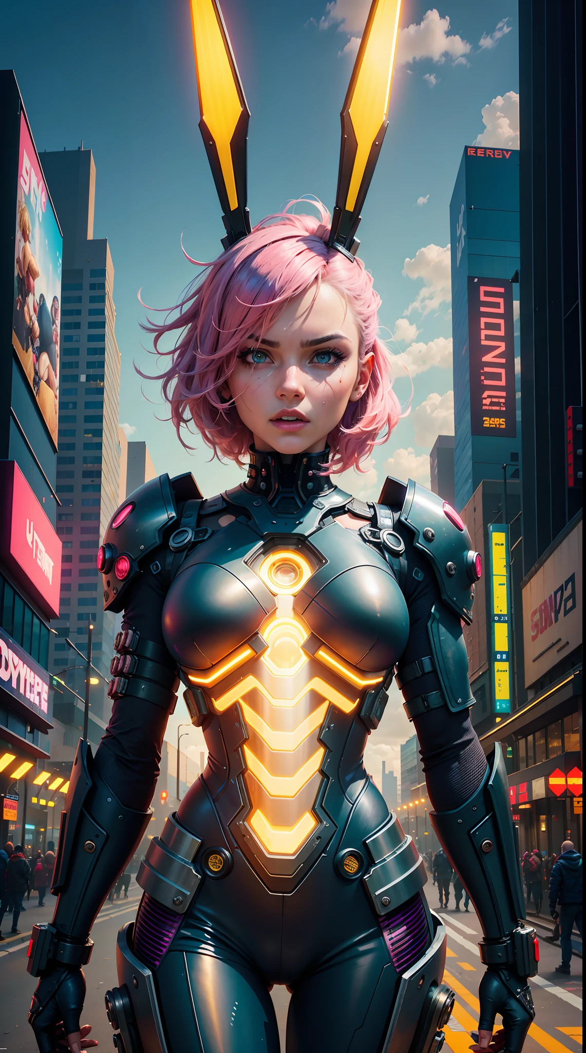Detailed digital art of a futuristic city street scene at night, with a huge neon sign saying "Coming Soon Big News" in the center. The background features tall skyscrapers with glowing windows and neon signs in various shapes, a UFO shooting a bright beam in the sky, and smaller floating robotic objects.
In the foreground, replace the crowd of cartoon alien characters with a single beautiful, cute anime girl standing and looking up in awe at the spectacle, rendered in a style that matches the overall futuristic cartoon aesthetic of the scene. The girl should have an excited, wondrous expression.
Use a vibrant color scheme with bright neon greens, pinks and blues contrasting against the darker night sky and buildings. Incorporate intricate details throughout the cityscape and maintain the dynamic, energetic composition of the original.