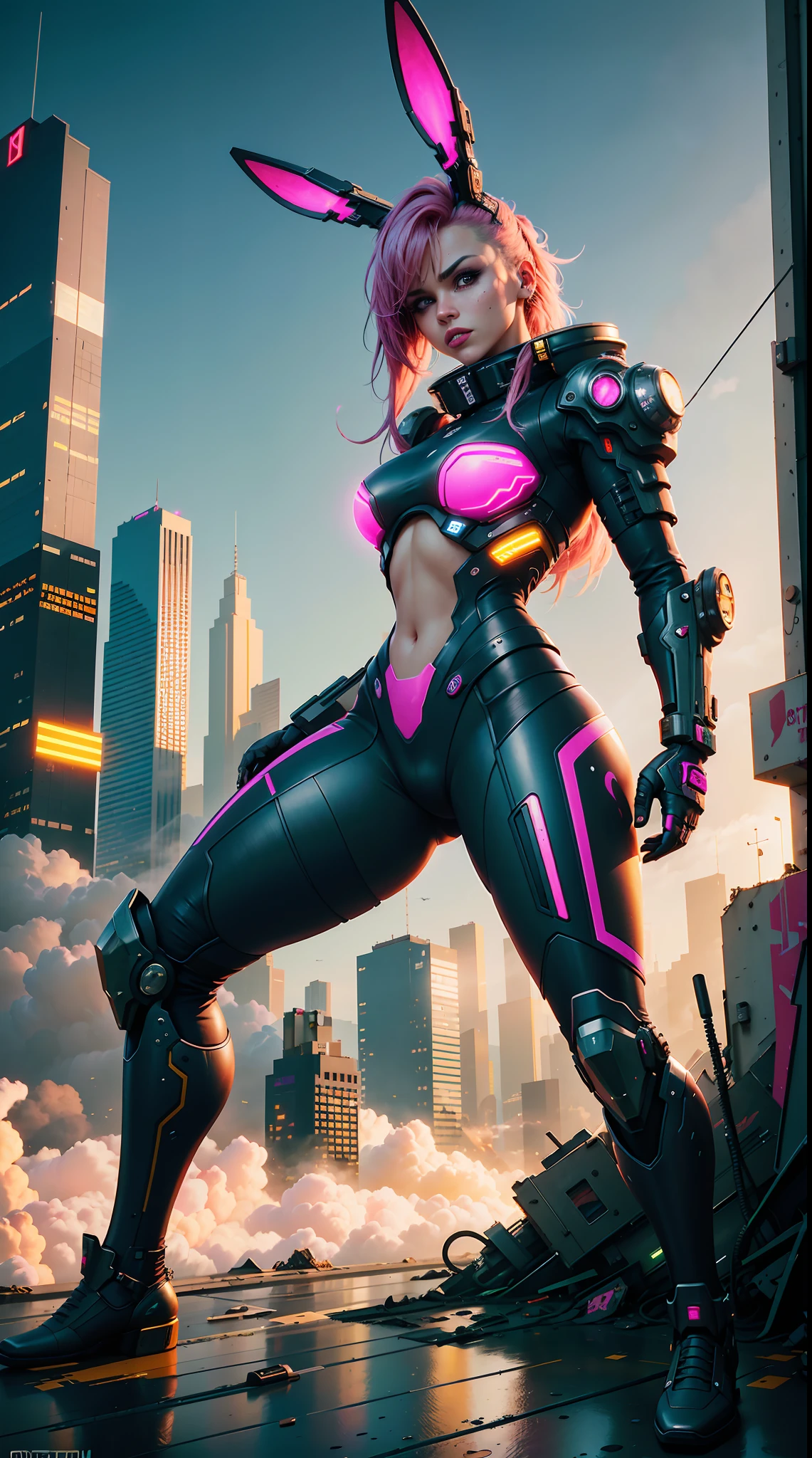 (Best quality,4K,8K,A high resolution,Masterpiece:1.2),Ultra-detailed,(Realistic,Photorealistic,photo-realistic:1.37),Cyberpunk,Girl,Mechanical,Animate,Metallic,Neon lights,Glowing eyes,metal gears,Machinery,robotic limb,Futuristic city landscape,Pink hair,Contemporary fashion,cybernetic implants,Digital interface,Night scene,mysterious,Technology,urban,grittiness,dystopian,Energetic posture,Dynamic composition,Graffiti walls,Vibrant colors,City lights,Electric atmosphere,glitch effects,Steam punk,Mechanical wings,(Rabbit ears),Street style,Artificial intelligence,high-tech weapon,Fierce expression,urban exploration,flying through the air,universe background,science fiction elements,urban chic,Technological progress
