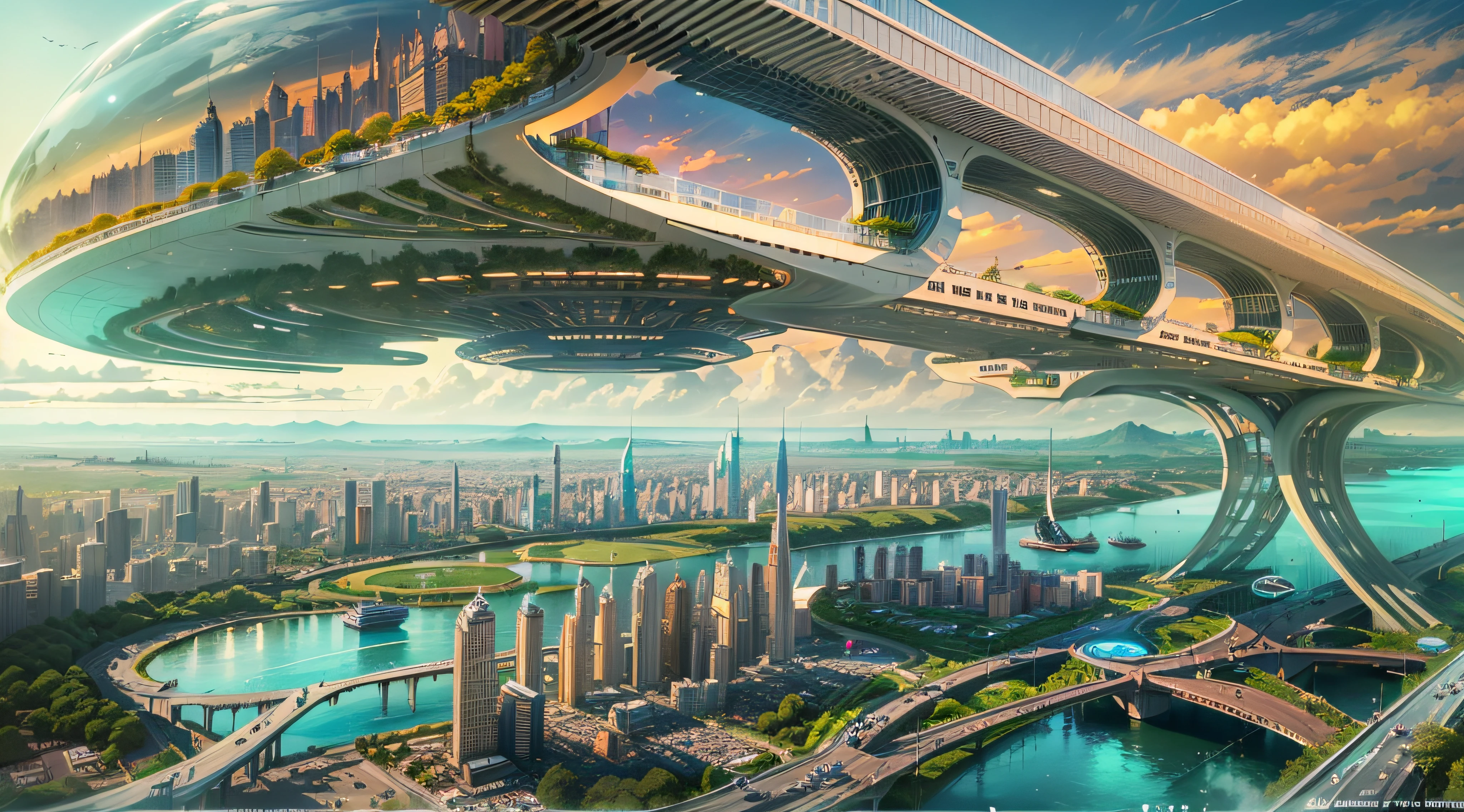 (Best quality,4K,8K,A high resolution,Masterpiece:1.2),Ultra-detailed,(Realistic,Photorealistic,photo-realistic:1.37),Futuristic floating city,Futuristic technology,Huge urban high-tech tablet platform,Airship,Floating in the sky,Futuristic city,Small airships around,High-tech hemispherical platform,Colorful lights,Advanced architecture,modernn architecture,skyscrapper,Access the cloud,Scenic beauty,view over city,Impressive design,Blend seamlessly with nature,energetic and vibrant atmosphere,Futuristic transportation system,Parking is suspended,Transparent path,Lush greenery,Sky gardens,cascading waterfalls,Magnificent skyline,reflections on the water,Sparkling river,Architectural innovation,futuristic skyscrapers,Transparent dome,The shape of the building is unusual,Elevated walkway,Impressive skyline,Glowing lights,Futuristic technology,Minimalist design,Scenic spots,Panoramic view,Cloud Piercing Tower,Vibrant colors,epic sunrise,epic sunset,Dazzling light display,magical ambiance,The future city,Urban Utopia,LuxuryLifestyle,Innovative energy,sustainable development,Smart city technology,Advanced infrastructure,Tranquil atmosphere,Nature and technology live in harmony,Awesome cityscape,Unprecedented urban planning,Architecture connects seamlessly with nature,High-tech metropolis,A cutting-edge engineering marvel,The future of urban living,Visionary architectural concept,Energy-efficient buildings,Harmony with the environment,A city floating above the clouds,Utopian dreams become reality,The possibilities are endless,State-of-the-art transportation network,Green energy integration,Innovative materials,Impressive holographic display,Advanced communication system,Breathtaking aerial view,Quiet and peaceful environment,Modernist aesthetics,Ethereal beauty