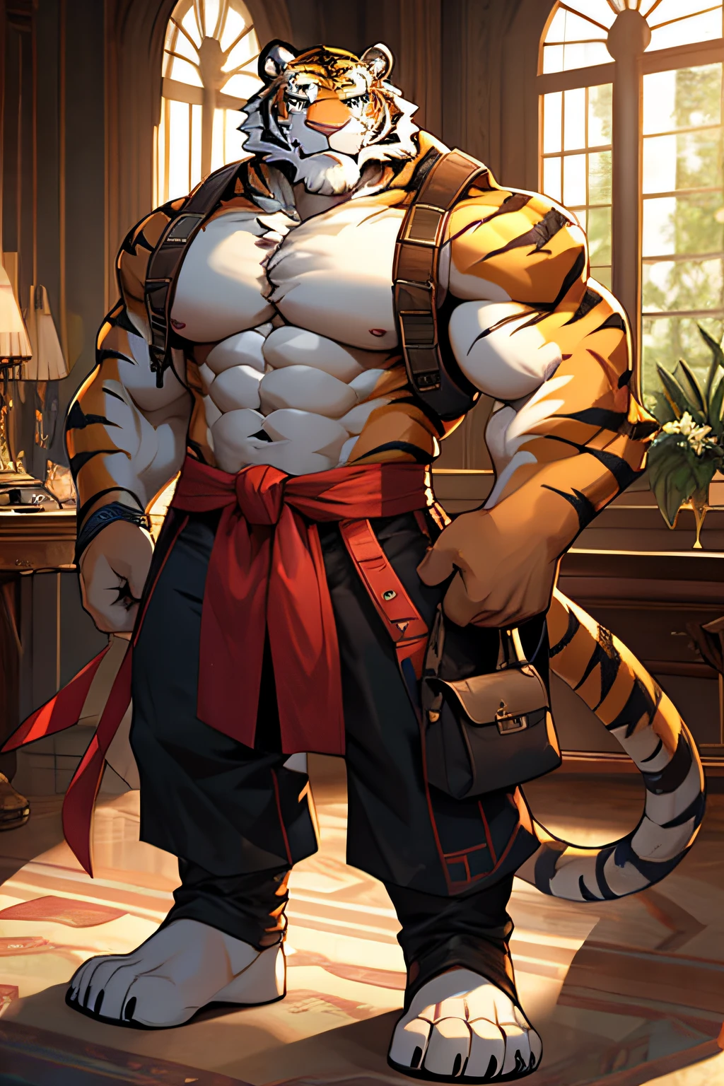 solo male, muscular body, thin, lithe, thin waist, thin shoulders, young (((massive pecs, bulging pecs, saggy pecs, round pecs, huge pecs))), tiger knight, standing under the stars, fantasy background with castle in the distance, facing viewer, head tilted to the side, beautiful sunset sky, wearing tunic, tiger furry character