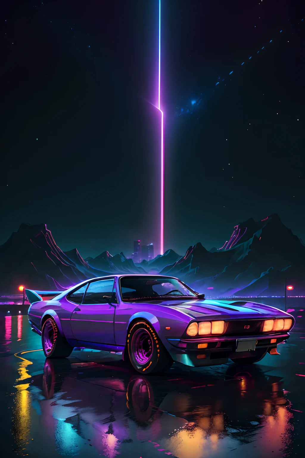 retrowave. city, 1969 Nissan S30, wide body kit, road,  purple neon lights, sun, mountain, 
(masterpiece,detailed,highres),