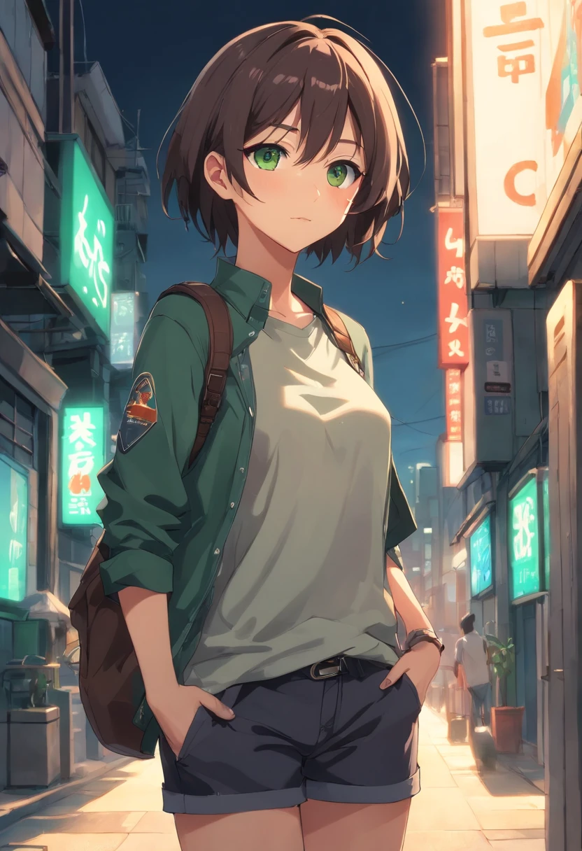 (bosquejo), 插圖, (Hoja de modelo), (1girl), (La mejor calidad), (High resolution), (foco nítido), (animated), (good anatomy), ((camiseta sin mangas negra)), (chaqueta), ((Chaqueta safari roja oscura)), (Altas Resoluciones), (foco nítido), ((Cabello corto ondulado oscuro)), (cabello negro), ((Cabello abierto en la frente)), (green and amber eyes), (pecho plano), (flaco), (very small breasts), (Piercings en las orejas), (gargantilla), (pantalones cargo), (gafas negras), (Captura de pantalla de anime), (Botas Chelsea), {emphasis lines}