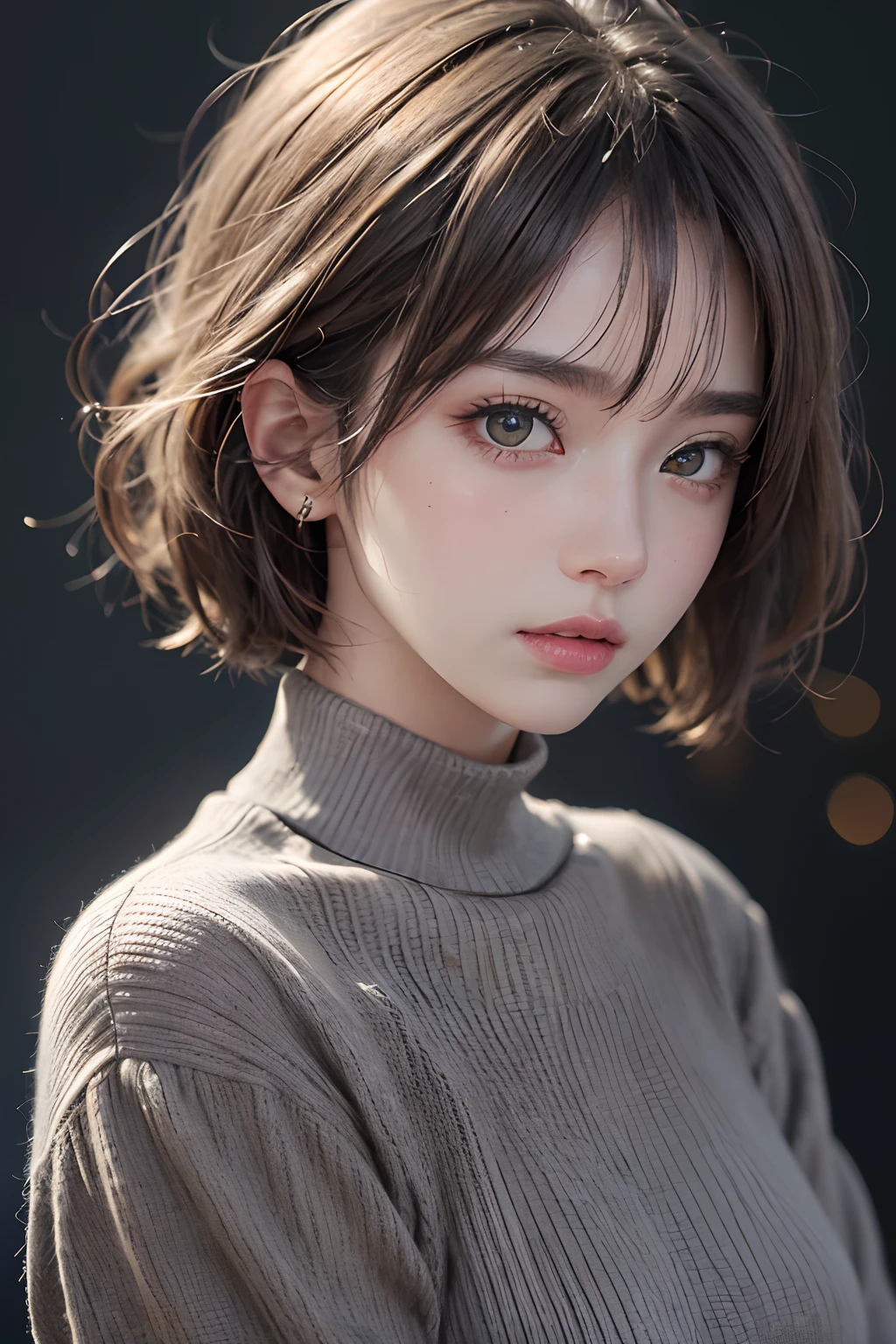 pieces fly, highest quality, figure, Super detailed, small details, High resolution, 8K,wallpaper, 完璧なダイナミックな構figure, beautiful and fine eyes, black camisole,short bob hair、pink hair color,Big Natural Color Lip, bold sexy pose,crying a little、cold gaze,harajuku style、20 year old girl、cute type、Looking up at the camera、in a dark room