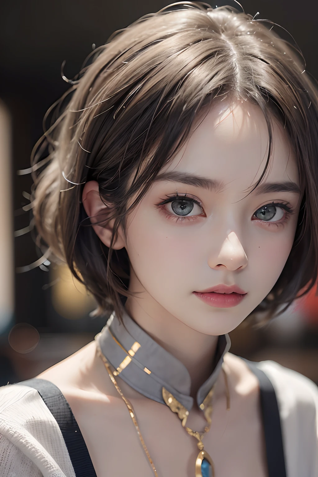 (Piece masuter:1.3)、(8K、photorealestic、RAW photography、topquality: 1.4)、(1girl)、beatiful face、(realistic face)、(gray hairs、short-hair:1.3)、beautiful hairstyle、Realistic eyes、beautifull details、(real-looking-skin)、Beautiful skins、(Sweaters)、Absurder、enticing、超High Resolution、A hyper-realistic、higly detailed、the golden ratio、amber eyes