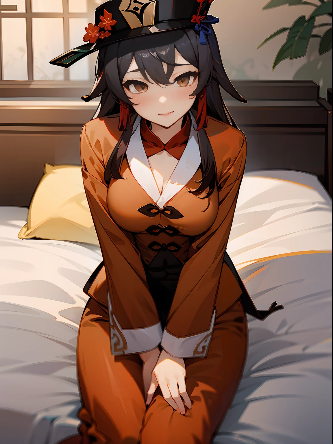 Genshin Impact, Hu Tao, sitting on bed wearing sexy pajamas, blushing