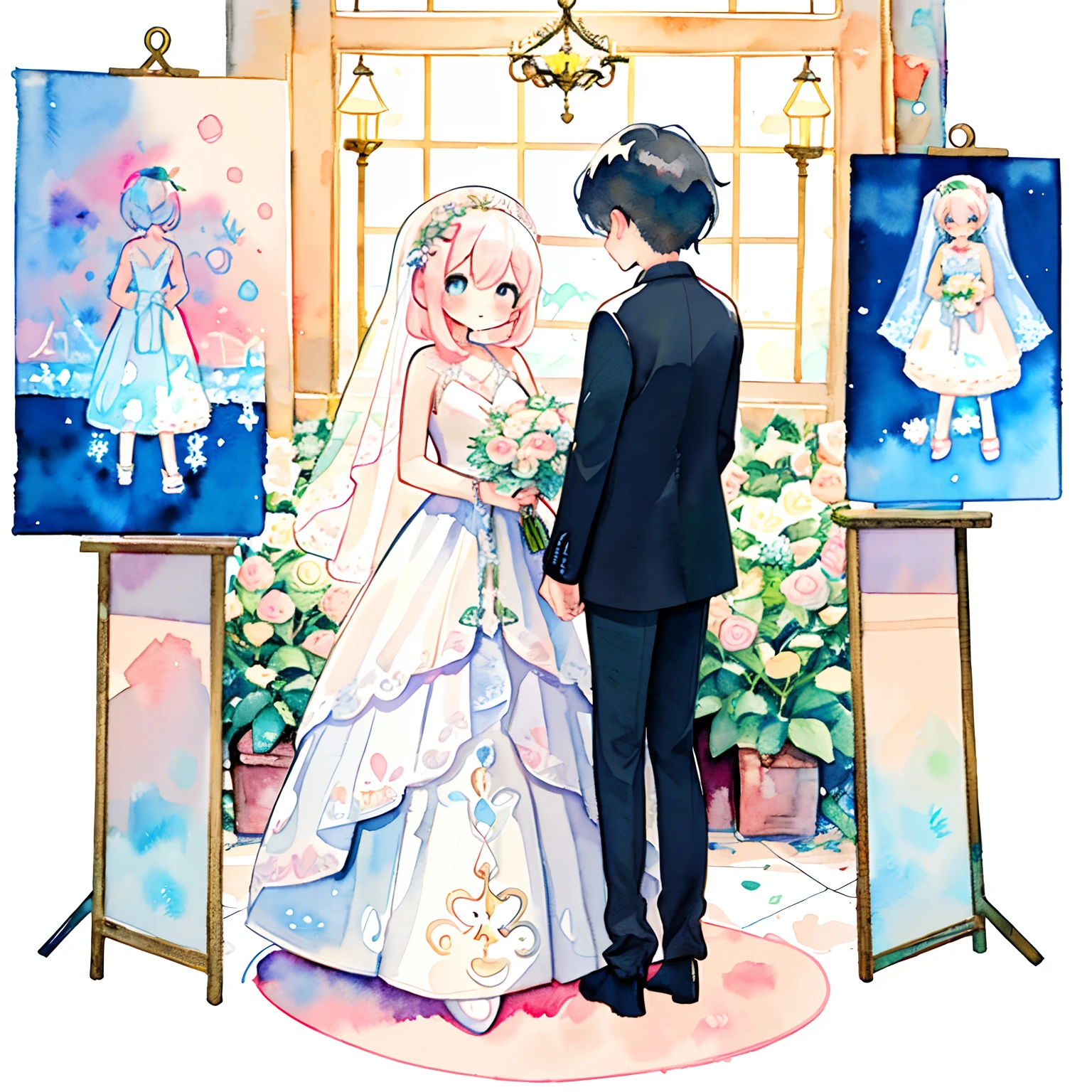 (PastelColors:1.5)、(Cute illustration:1.5)、(watercolor paiting:1.2)、girl with、full body Esbian、facing front、weddingdress、Wedding、bride、chies、blanche、Blue carpet、In a white bouquet、Happiness、kirakira、smil、Looks fun、1 bride、only girl、