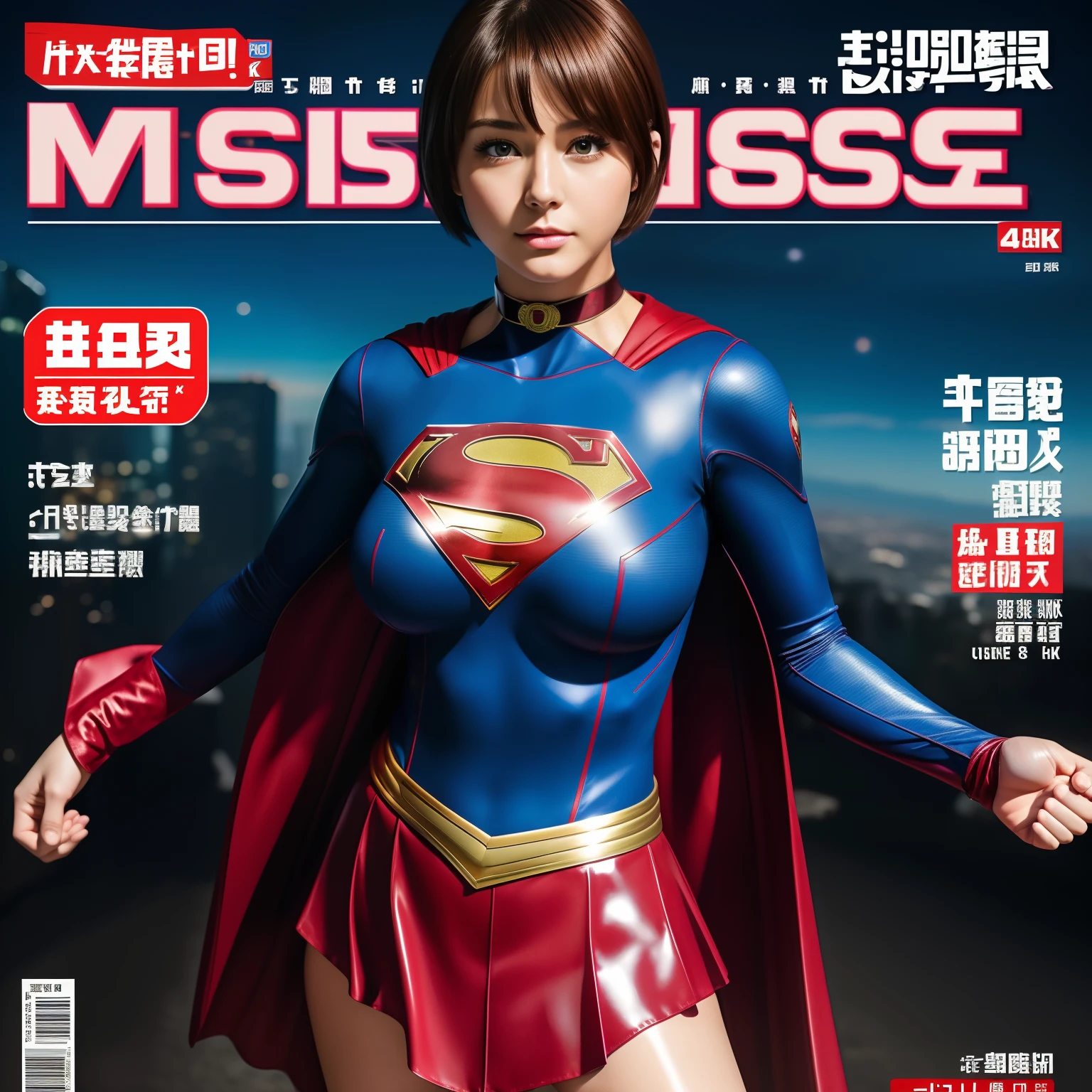 (Best Quality,4K,8K,hight resolution,masutepiece:1.2),Ultra-detailed,Realistic:1.37,Super masterpiece,Short-haired Supergirl、large full breasts、Looking at the camera、Glossy costume、a choker、Too short miniskirt、Weekly magazine cover、Powerful Pose、