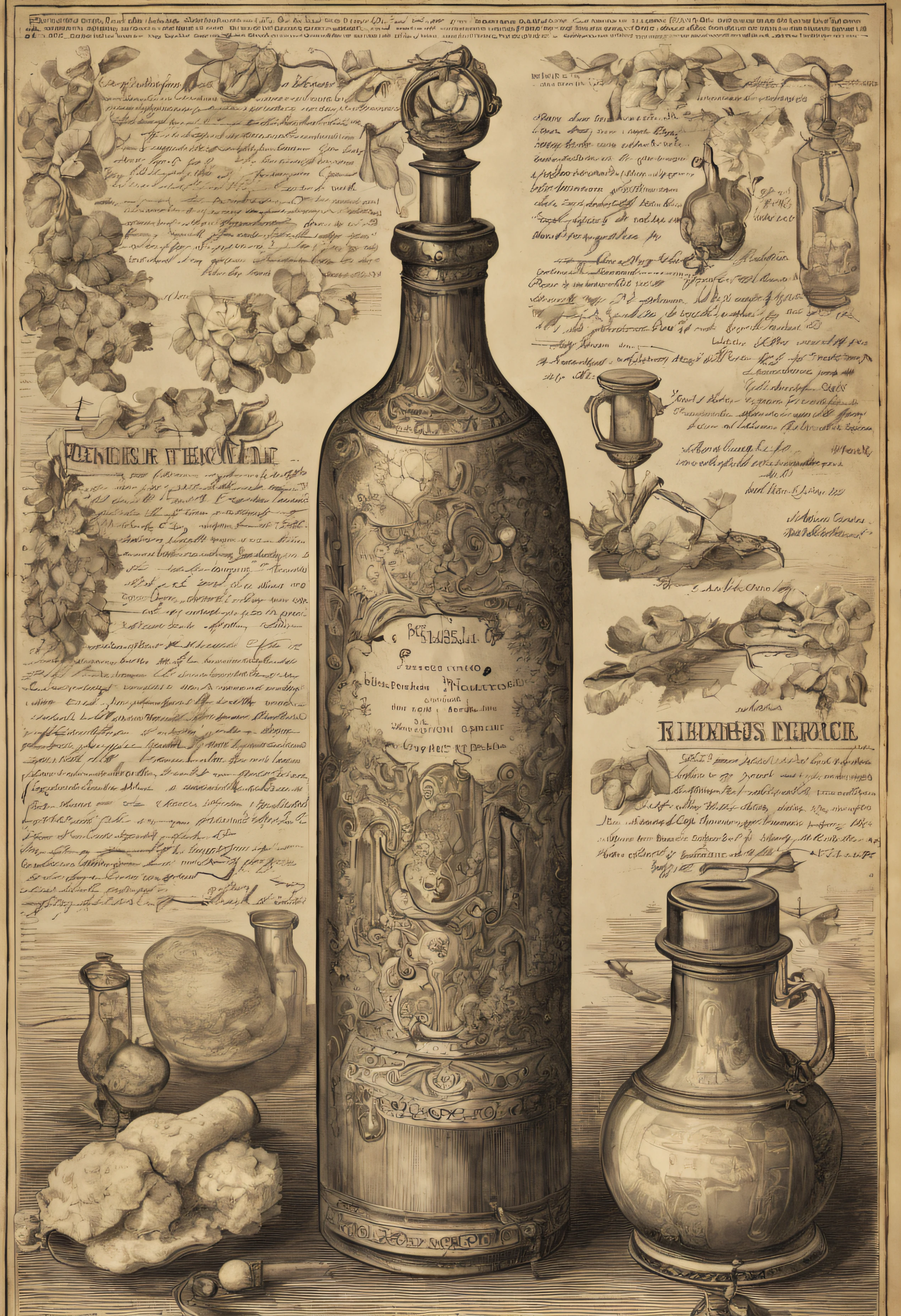 ((without people)) ((nobody)) Vintage Victorian style, Precise vintage encyclopedia (best quality:1.2), (detailed:1.2), (masterpiece:1.2), vintage illustrations of alchemy recipe and ingridients and bottles