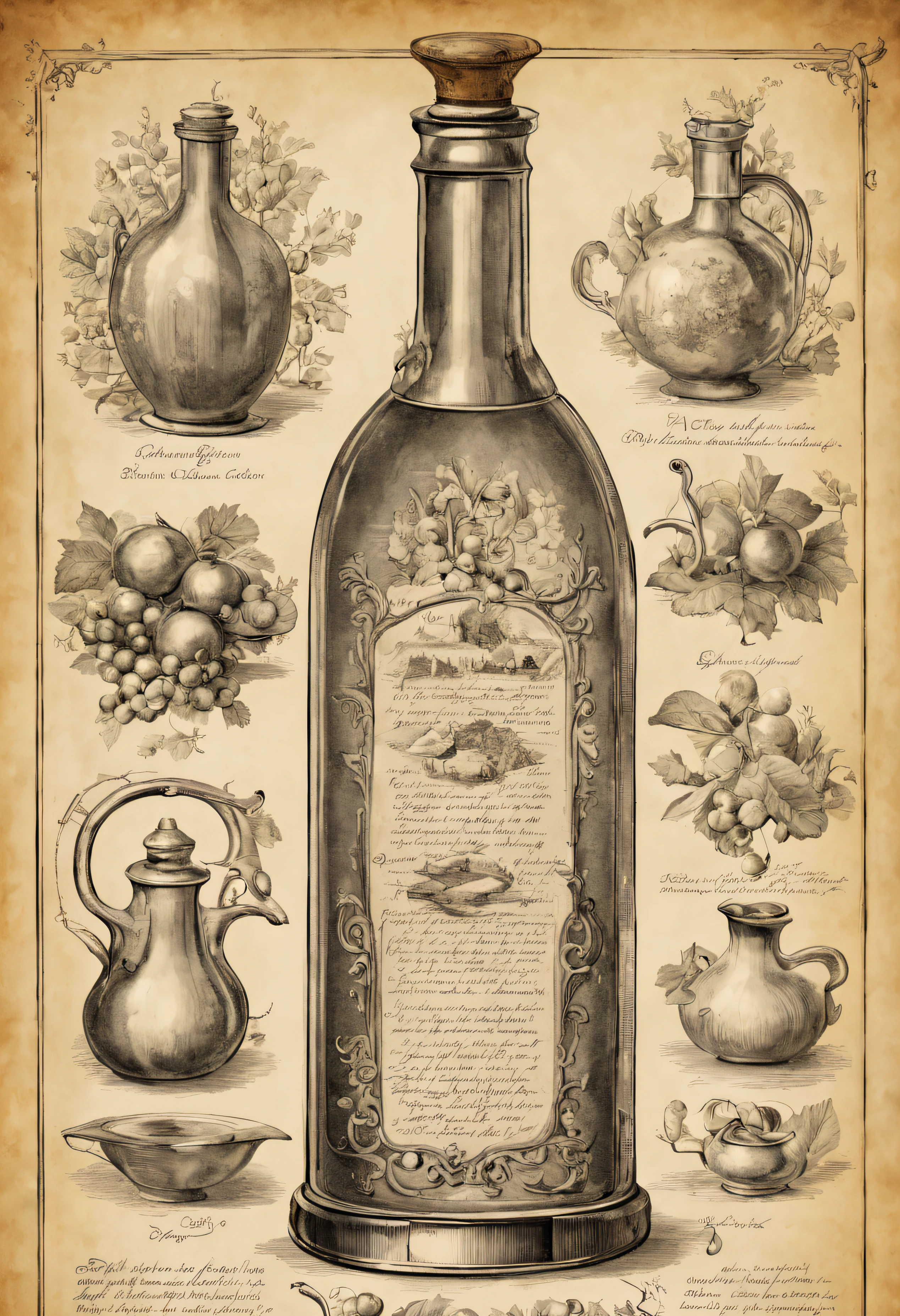 ((without people)) ((nobody)) Vintage Victorian style, Precise vintage encyclopedia (best quality:1.2), (detailed:1.2), (masterpiece:1.2), vintage illustrations of alchemy recipe and ingridients and bottles